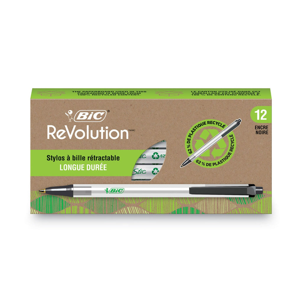 BIC Ecolutions Clic Stic Ballpoint Pen, Retractable, Medium 1 mm, Black Ink, Clear Barrel, Dozen