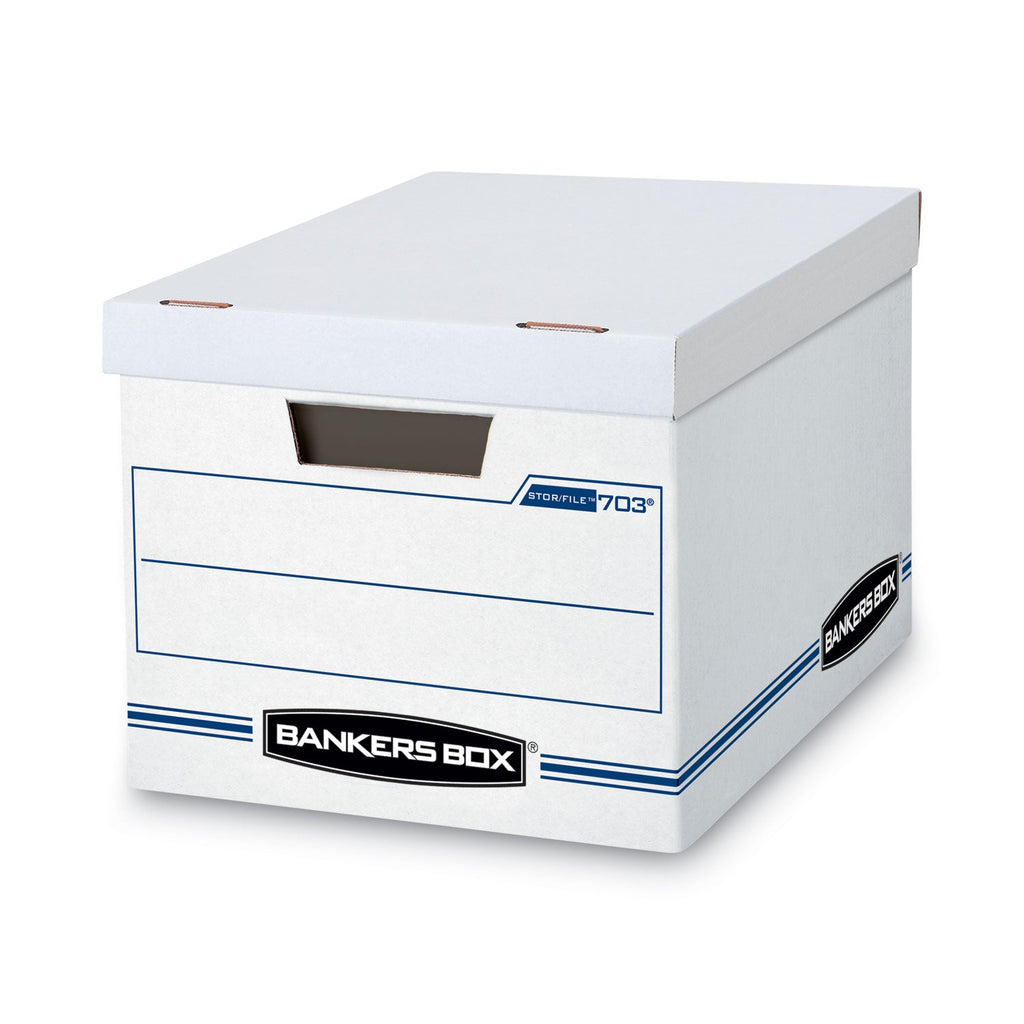 Bankers Box STOR/FILE Basic-Duty Storage Boxes, Letter/Legal Files, 12.5" x 16.25" x 10.5", White/Blue, 4/Carton