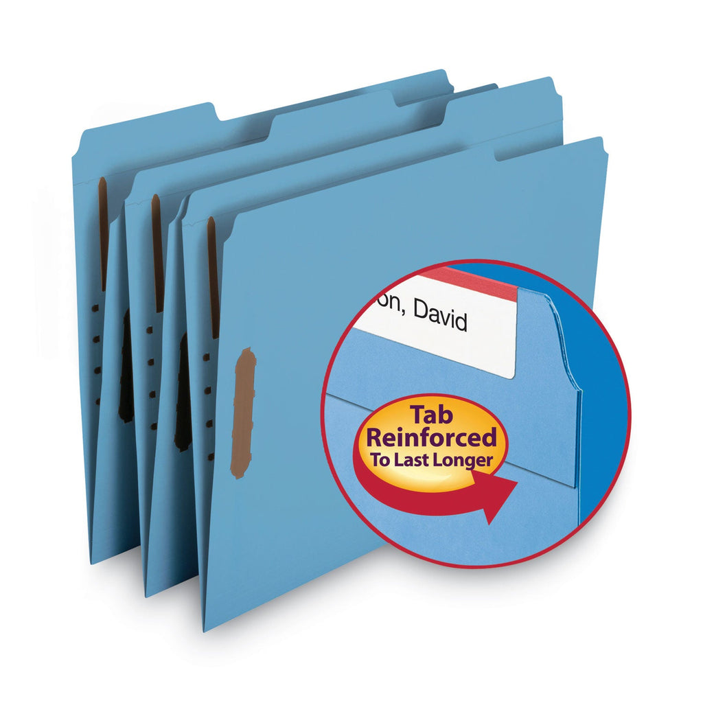 Smead WaterShed CutLess Reinforced Top Tab Fastener Folders, 2 Fasteners, Letter Size, Blue Exterior, 50/Box