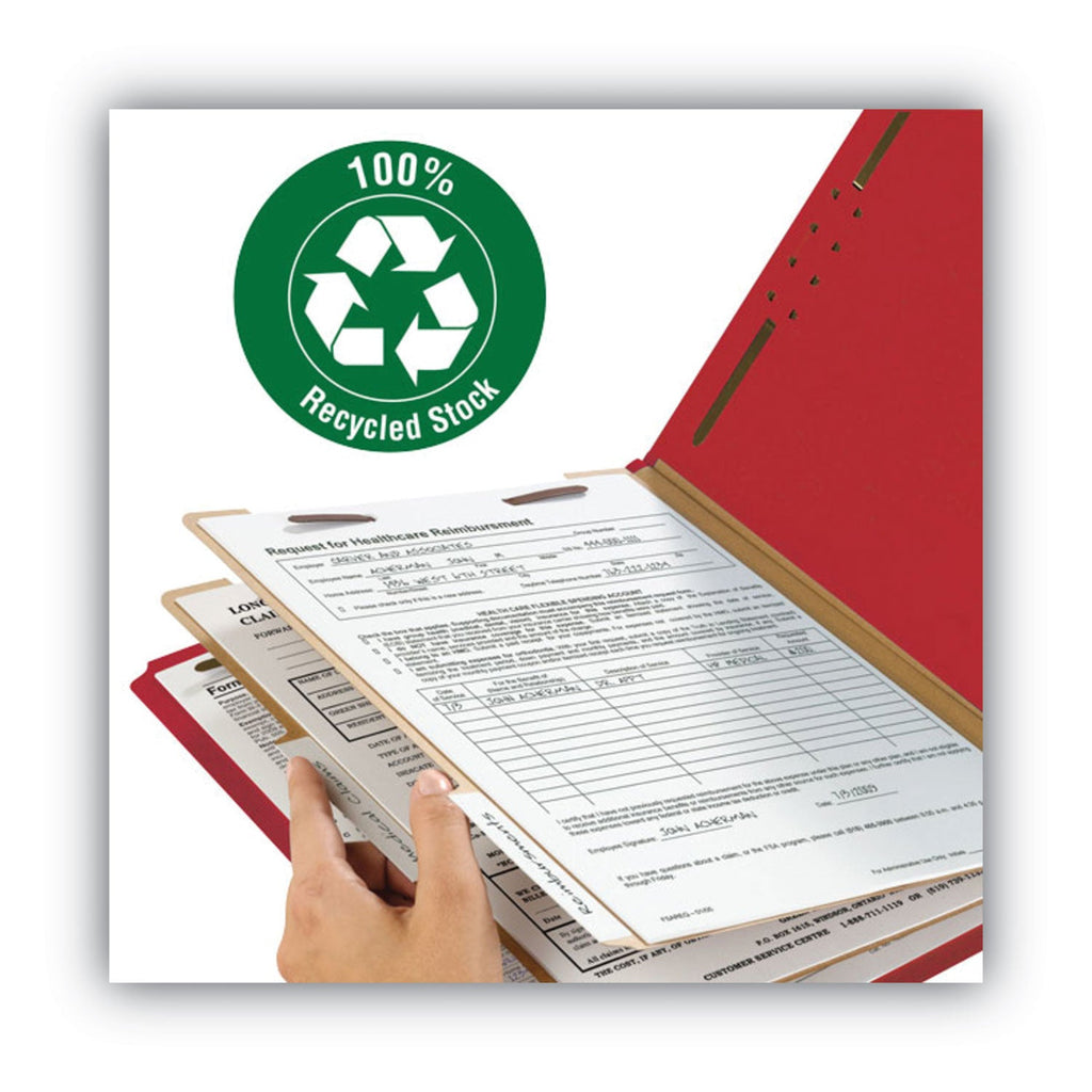 Smead 100% Recycled Pressboard Classification Folders, 2 Dividers, Letter Size, Bright Red, 10/Box