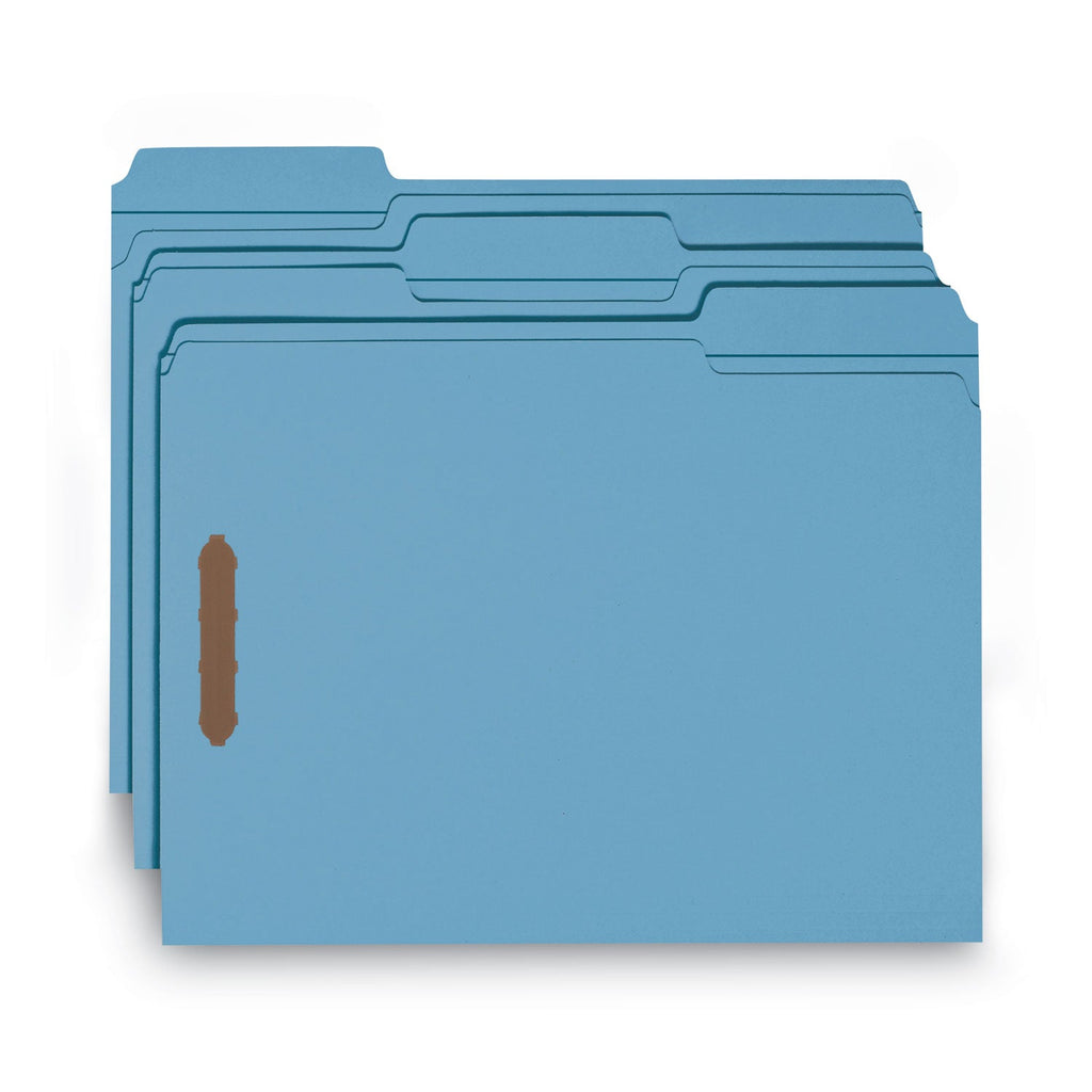 Smead WaterShed CutLess Reinforced Top Tab Fastener Folders, 2 Fasteners, Letter Size, Blue Exterior, 50/Box