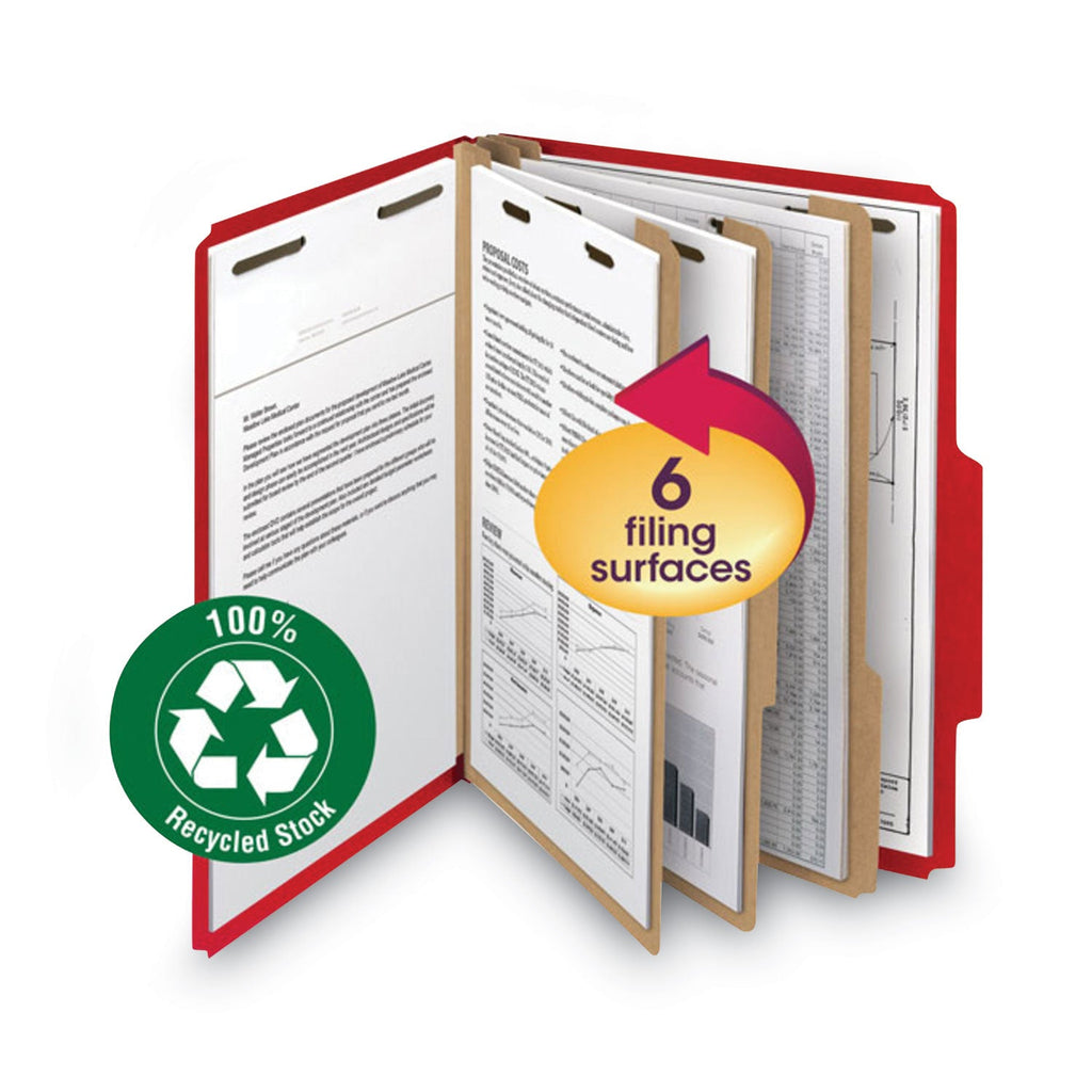 Smead 100% Recycled Pressboard Classification Folders, 2 Dividers, Letter Size, Bright Red, 10/Box