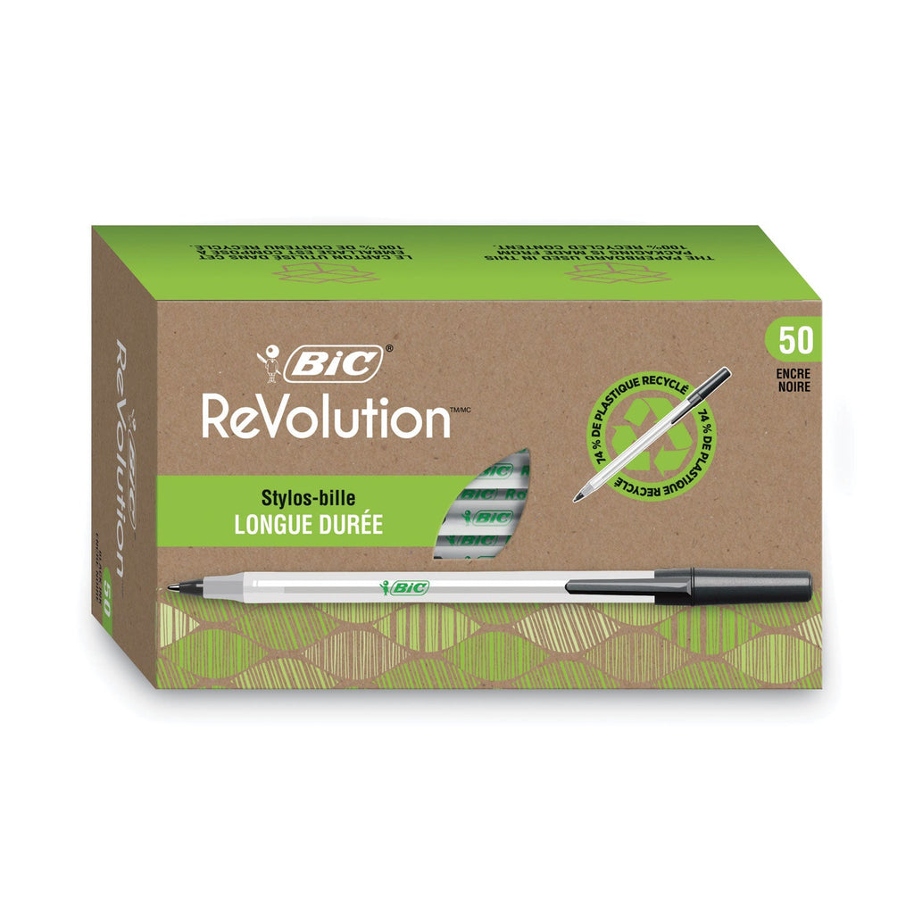 BIC Ecolutions Round Stic Ballpoint Pen Value Pack, Stick, Medium 1 mm, Black Ink, Clear Barrel, 50/Pack