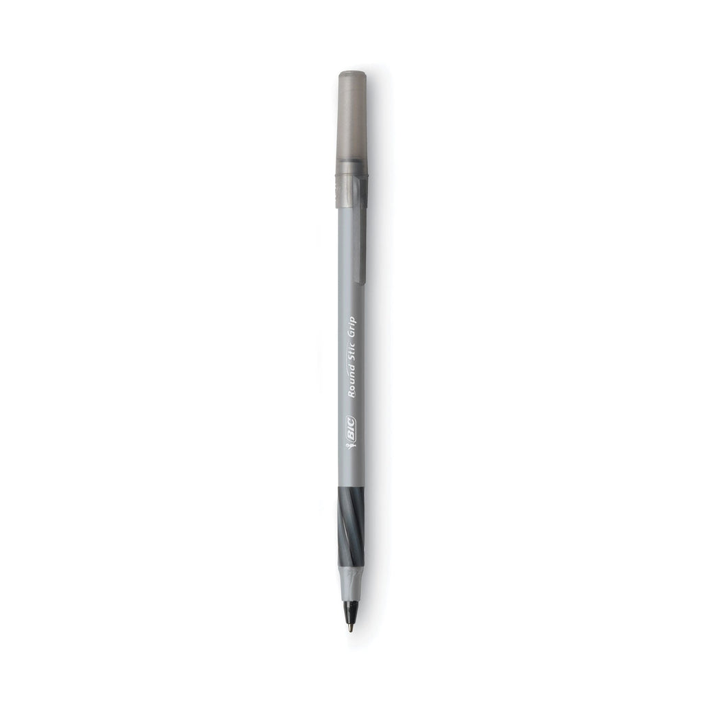 BIC Round Stic Grip Xtra Comfort Ballpoint Pen Value Pack, Easy-Glide, Stick, Medium 1.2 mm, Black Ink, Gray/Black Barrel, 36/PK