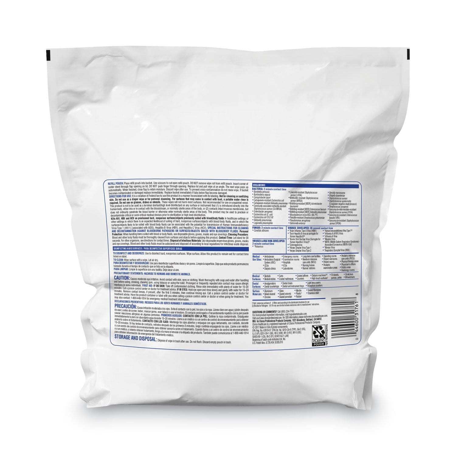 Clorox VersaSure Cleaner Disinfectant Wipes, 1-Ply, 12 x 12, White, 110/Pouch, 2/Carton