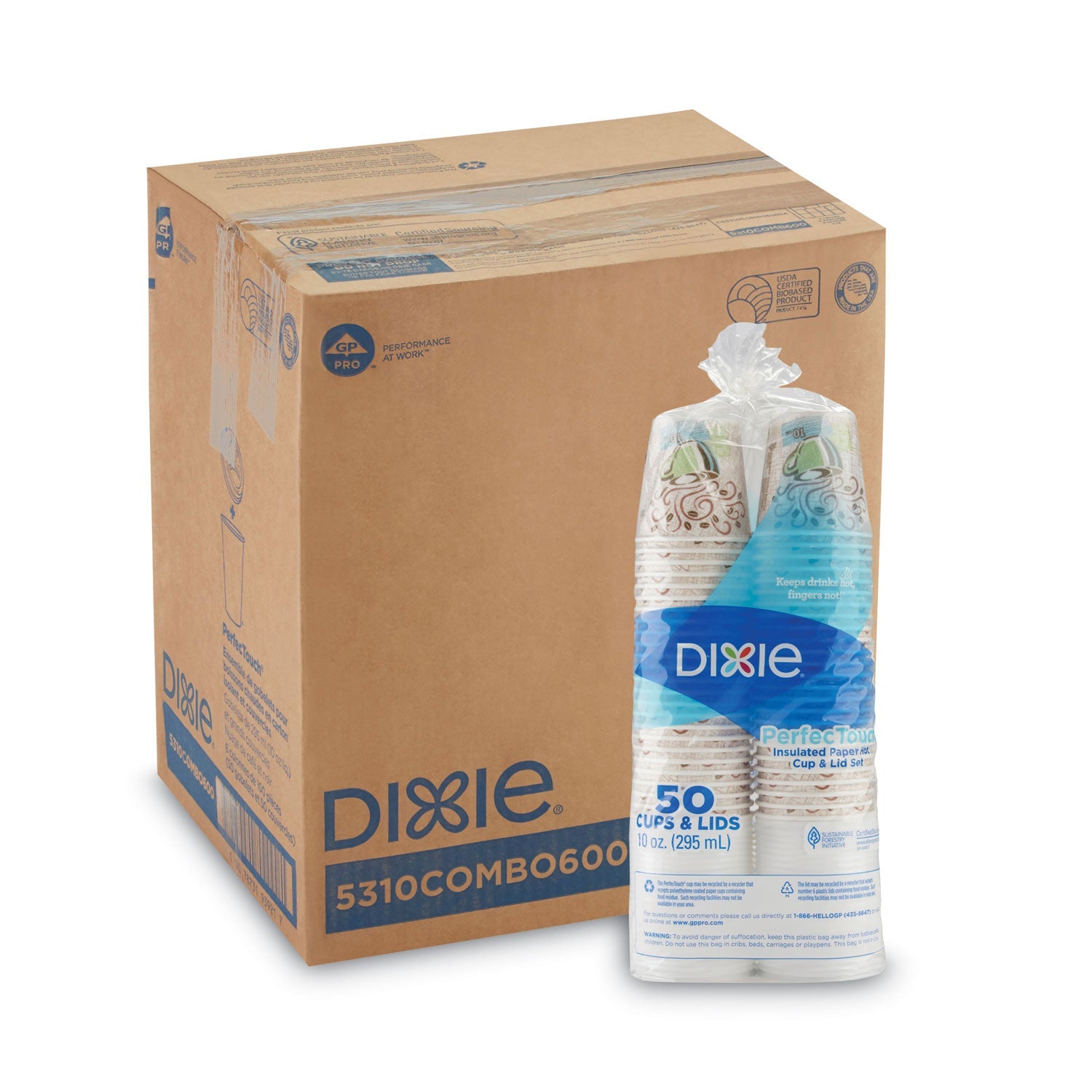 Dixie PerfecTouch Paper Hot Cups and Lids Combo, 10 oz, Multicolor, 50 Cups/Lids/Pack, 6 Packs/Carton