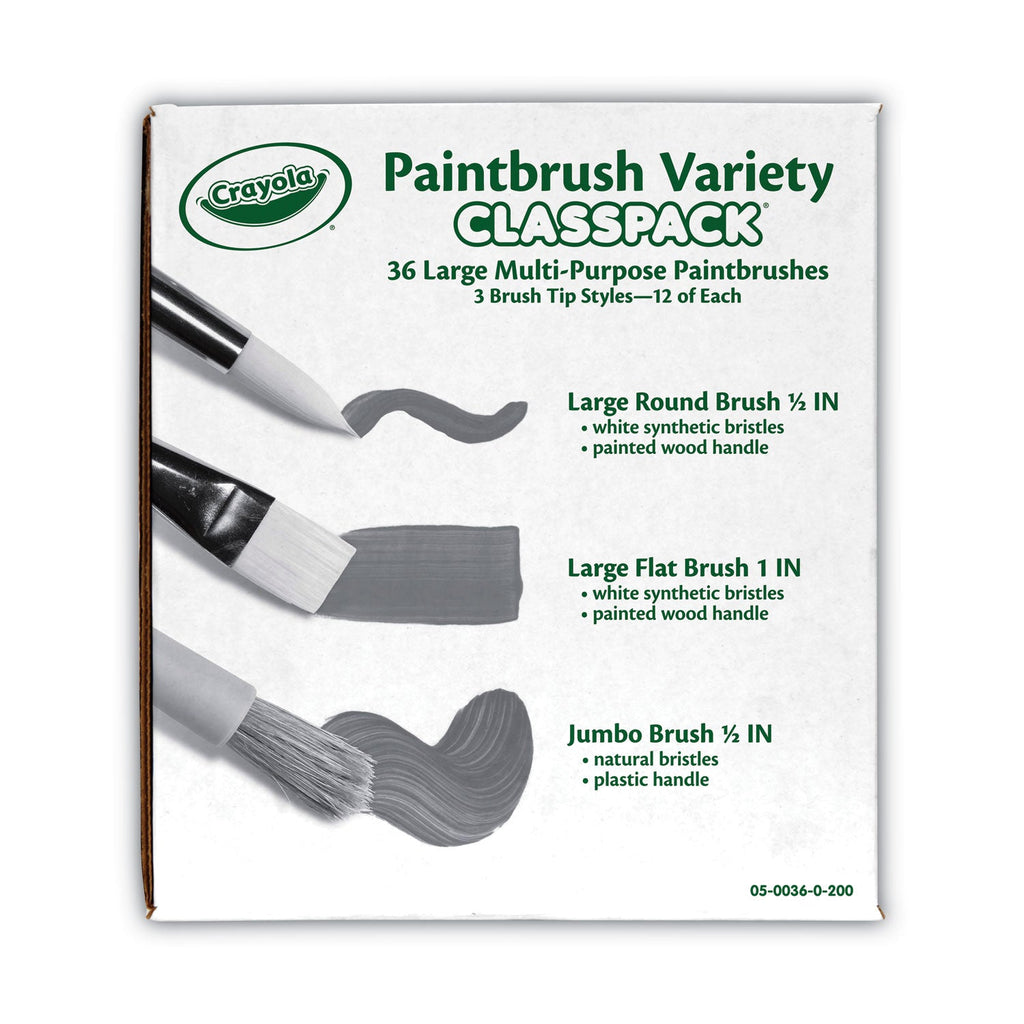 Crayola Large Variety Paint Brush Classpack, Natural; Nylon Bristles, Flat; Round Profiles, 36/Set