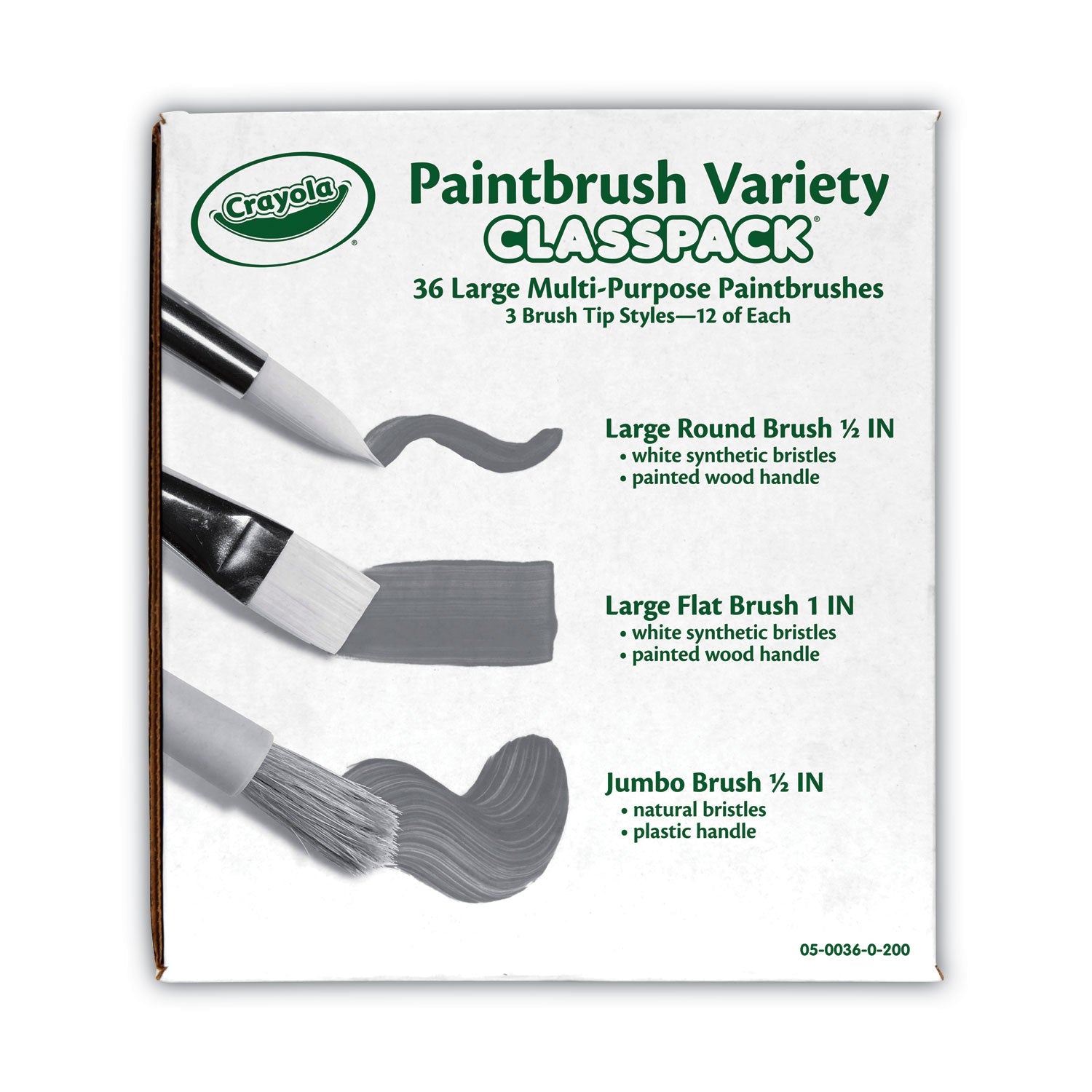 Crayola Large Variety Paint Brush Classpack, Natural; Nylon Bristles, Flat; Round Profiles, 36/Set