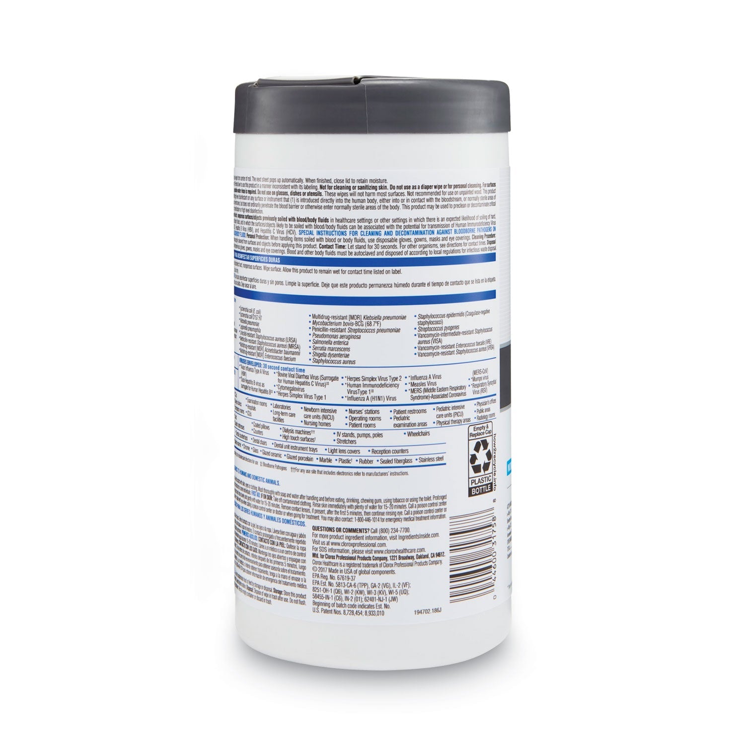 Clorox VersaSure Cleaner Disinfectant Wipes, 1-Ply, 6.75 x 8, White, 150/Canister, 6 Canisters/Carton