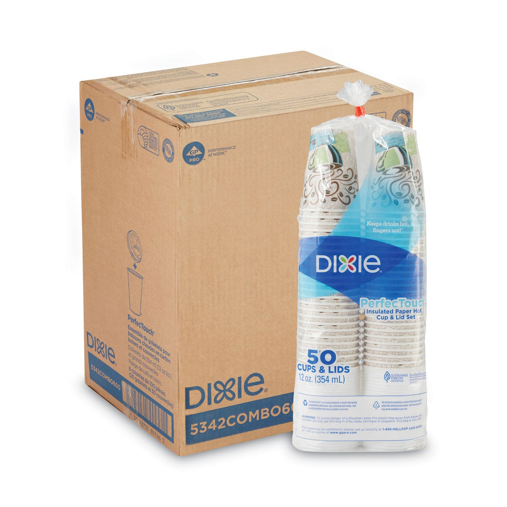 Dixie PerfecTouch Paper Hot Cups and Lids Combo, 12 oz, Multicolor, 50 Cups/Lids/Pack, 6/Packs/Carton