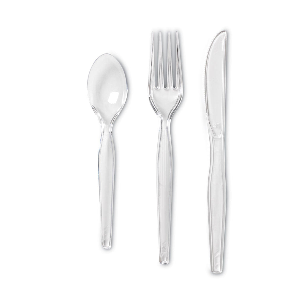 Dixie Cutlery Keeper Tray with Clear Plastic Utensils: 600 Forks, 600 Knives, 600 Spoons