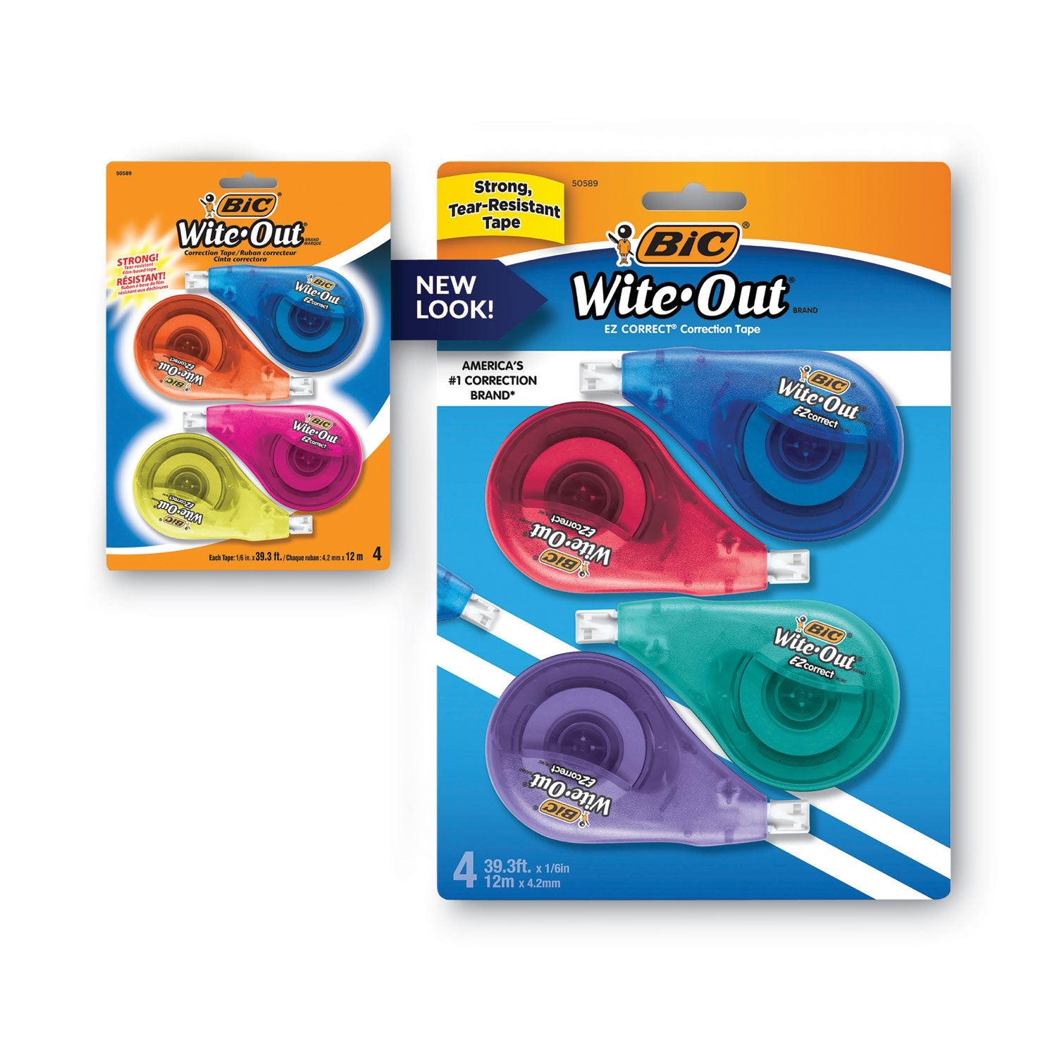 BIC Wite-Out EZ Correct Correction Tape, Non-Refillable, Blue/Yellow Applicators, 0.17" x 400", 4/Pack