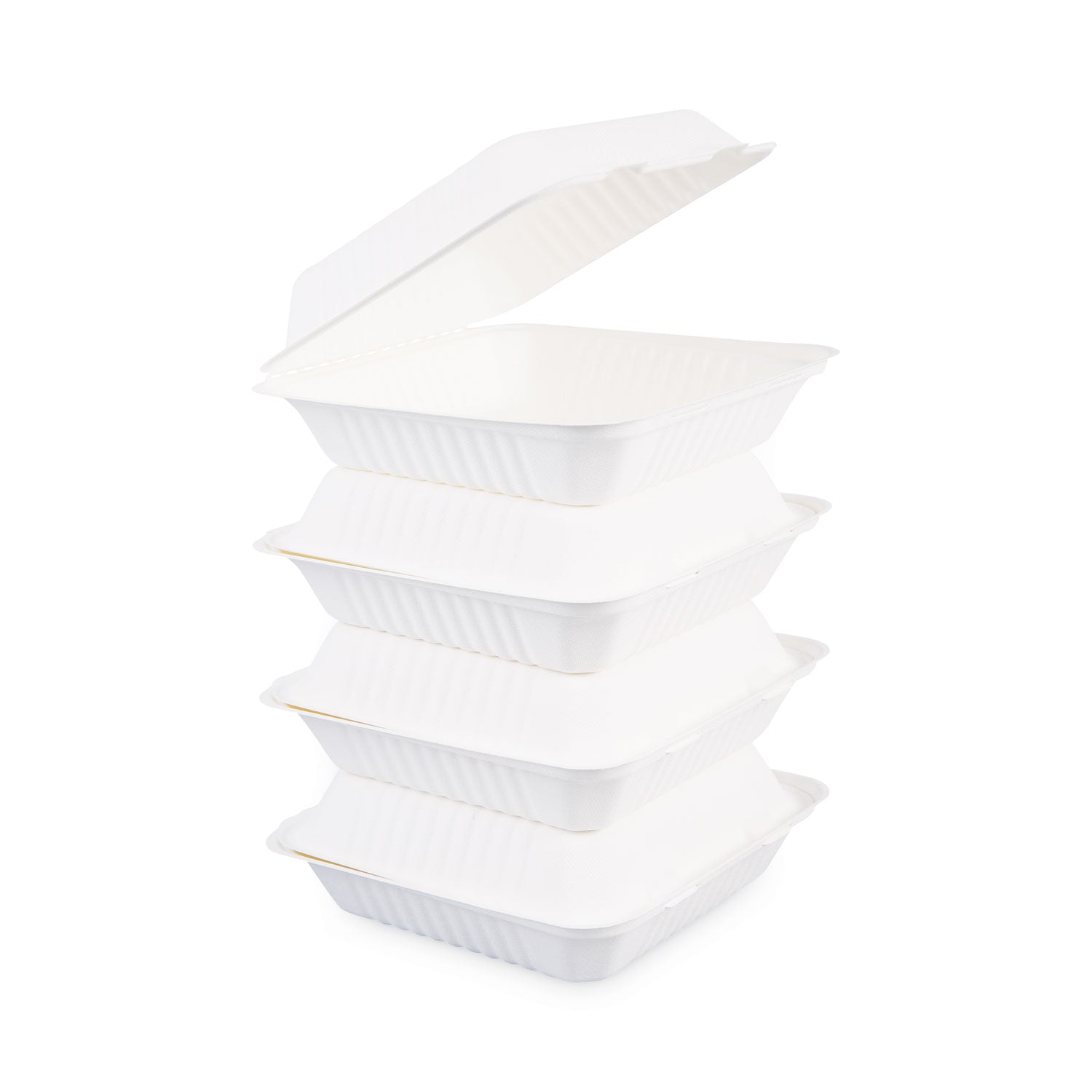 Boardwalk Bagasse Food Containers, Hinged-Lid, 1-Compartment 9 x 9 x 3.19, White,  Sugarcane, 100/Sleeve, 2 Sleeves/Carton