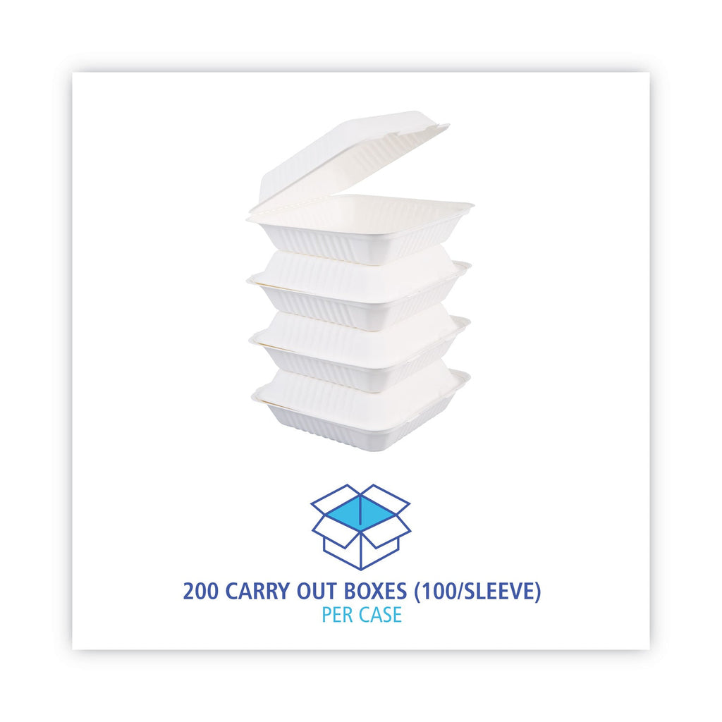 Boardwalk Bagasse Food Containers, Hinged-Lid, 1-Compartment 9 x 9 x 3.19, White,  Sugarcane, 100/Sleeve, 2 Sleeves/Carton
