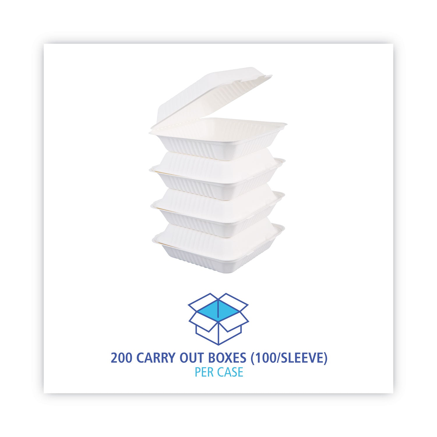 Boardwalk Bagasse Food Containers, Hinged-Lid, 1-Compartment 9 x 9 x 3.19, White,  Sugarcane, 100/Sleeve, 2 Sleeves/Carton
