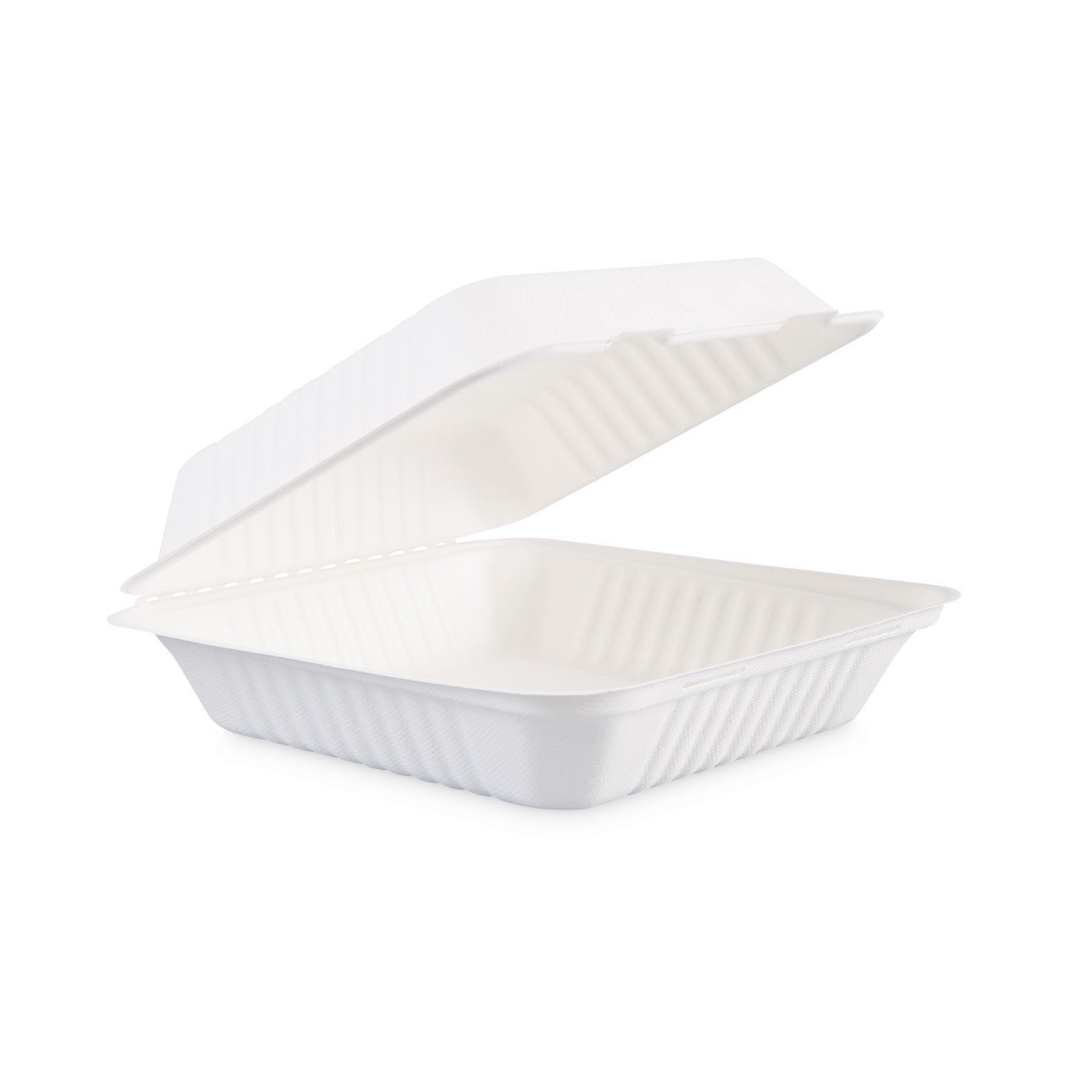 Boardwalk Bagasse Food Containers, Hinged-Lid, 1-Compartment 9 x 9 x 3.19, White,  Sugarcane, 100/Sleeve, 2 Sleeves/Carton