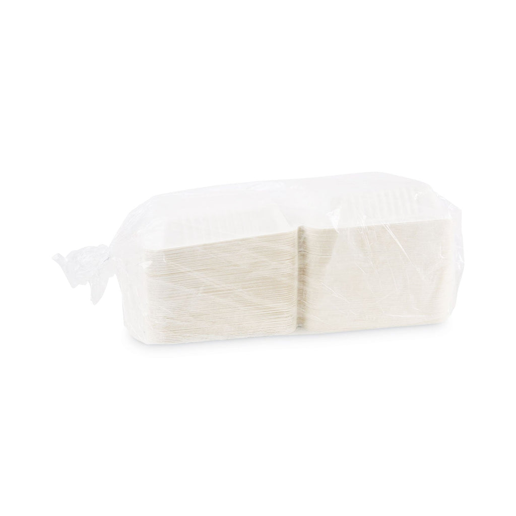 Boardwalk Bagasse Food Containers, Hinged-Lid, 1-Compartment 9 x 9 x 3.19, White,  Sugarcane, 100/Sleeve, 2 Sleeves/Carton