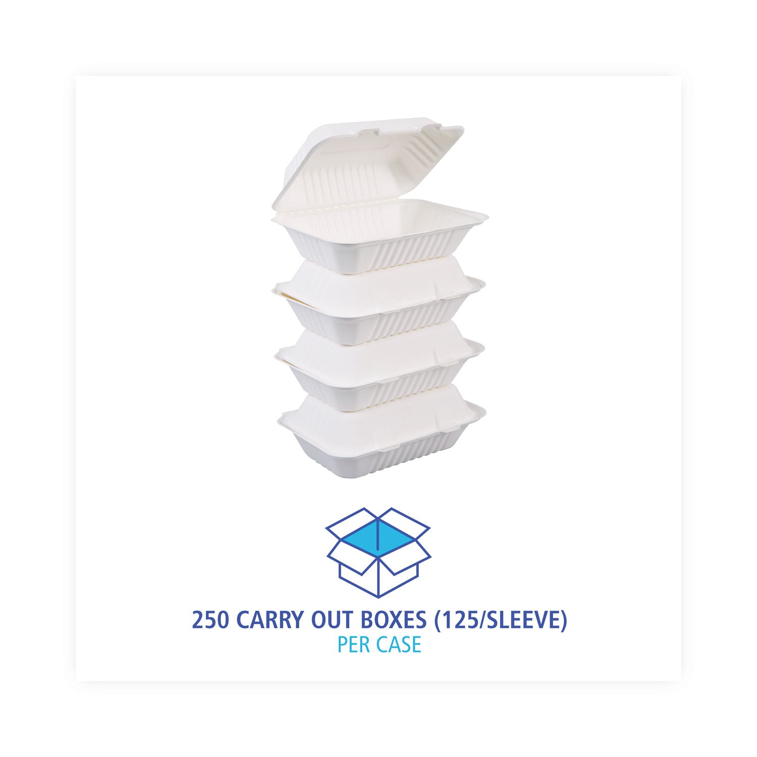 Boardwalk Bagasse Food Containers, Hinged-Lid, 1-Compartment 9 x 6 x 3.19, White, Sugarcane, 125/Sleeve, 2 Sleeves/Carton