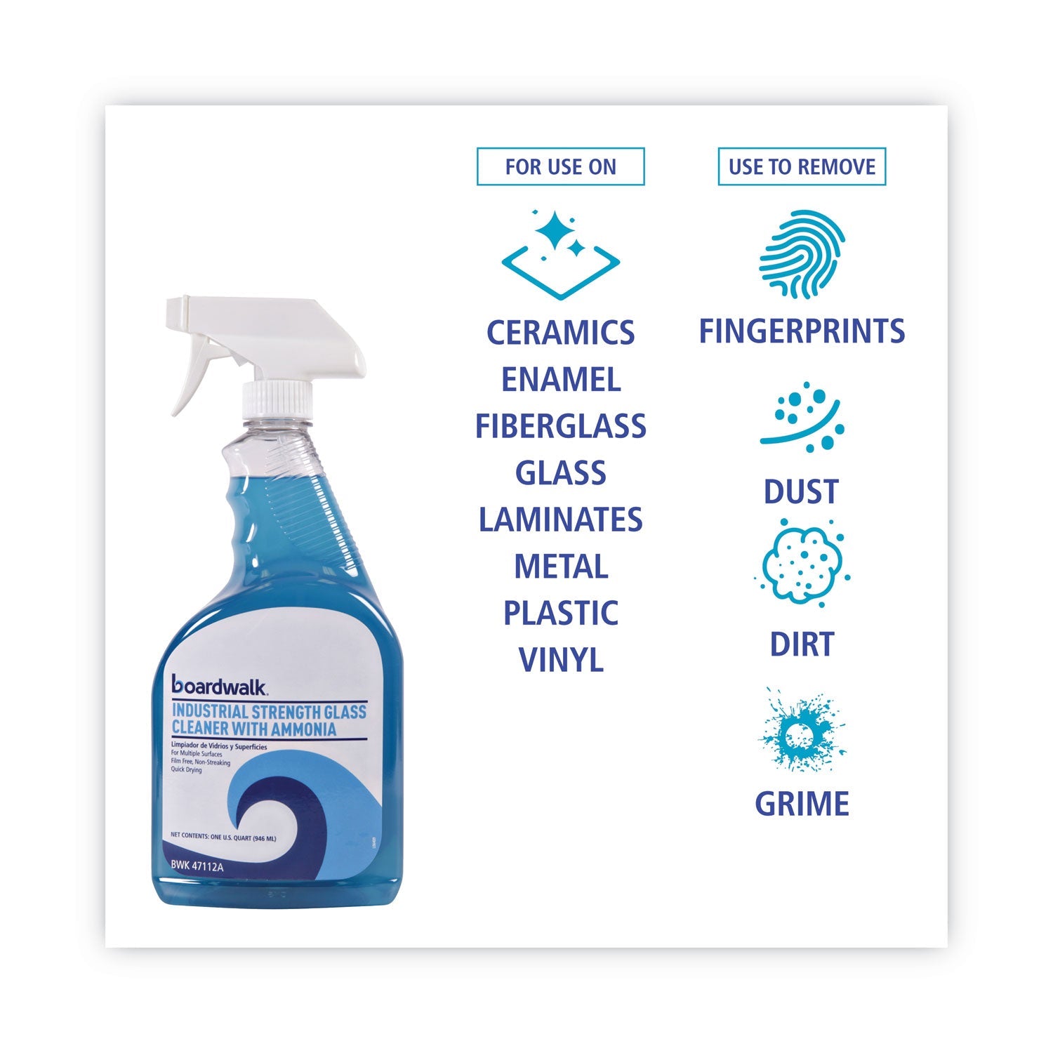 Boardwalk Industrial Strength Glass Cleaner with Ammonia, 32 oz Trigger Spray Bottle