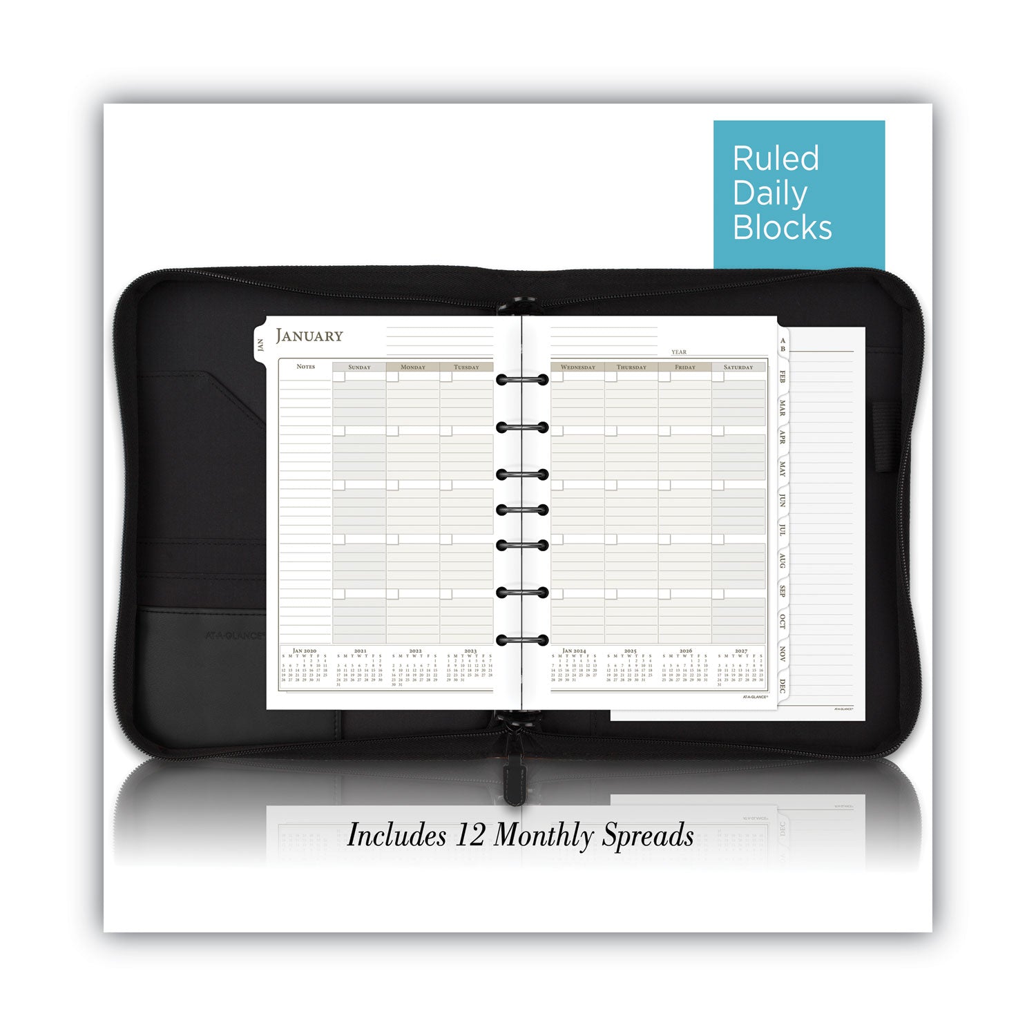 AT-A-GLANCE Black Leather Planner/Organizer Starter Set, 8.5 x 5.5, Black Cover, 12-Month (Jan to Dec): Undated