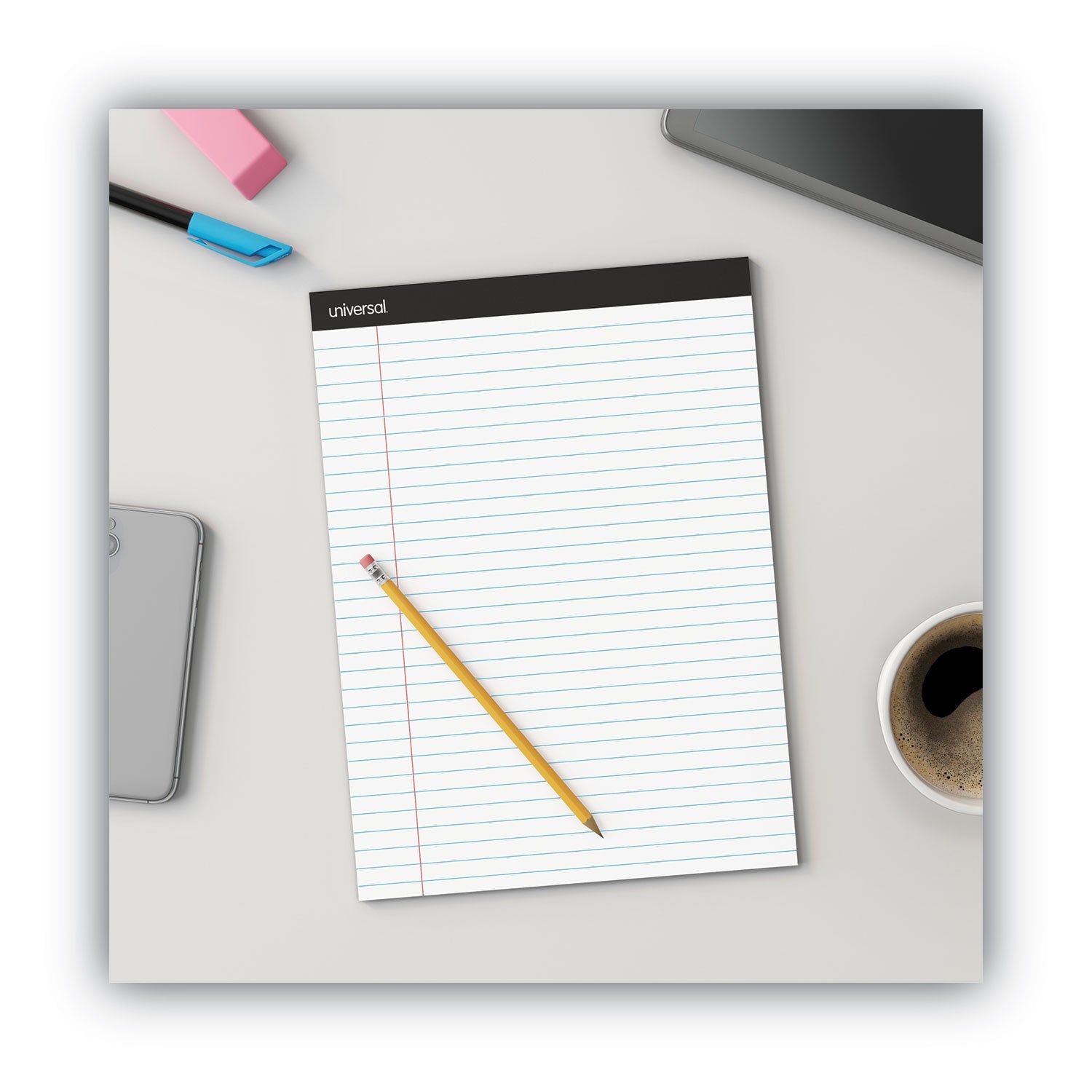 Universal Premium Ruled Writing Pads with Heavy-Duty Back, Wide/Legal Rule, Black Headband, 50 White 8.5 x 11 Sheets, 12/Pack