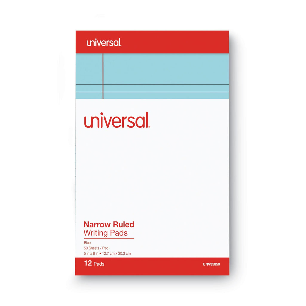 Universal Colored Perforated Ruled Writing Pads, Narrow Rule, 50 Blue 5 x 8 Sheets, Dozen