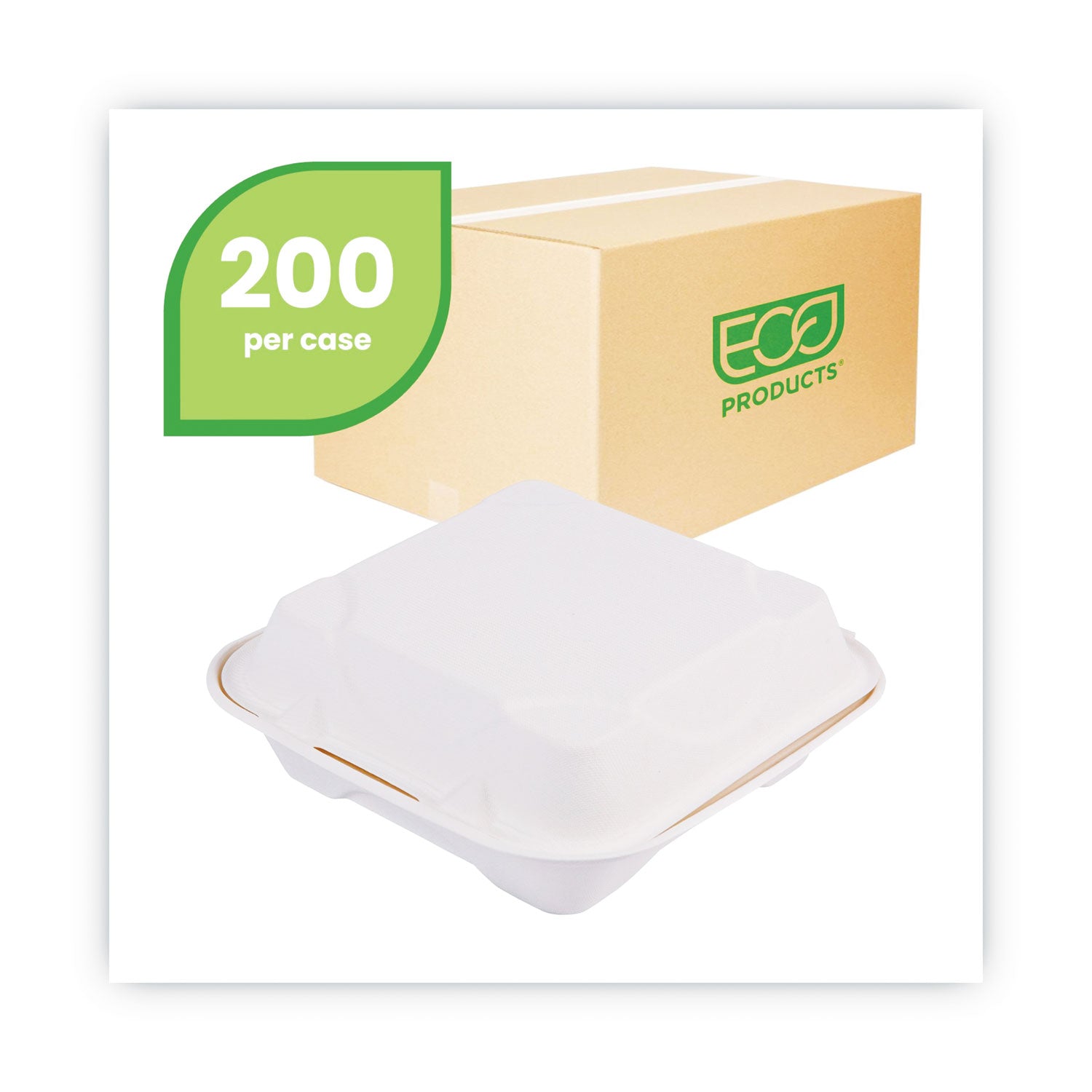 Eco-Products Vanguard Renewable and Compostable Sugarcane Clamshells, 1-Compartment, 8 x 8 x 3, White, 200/Carton