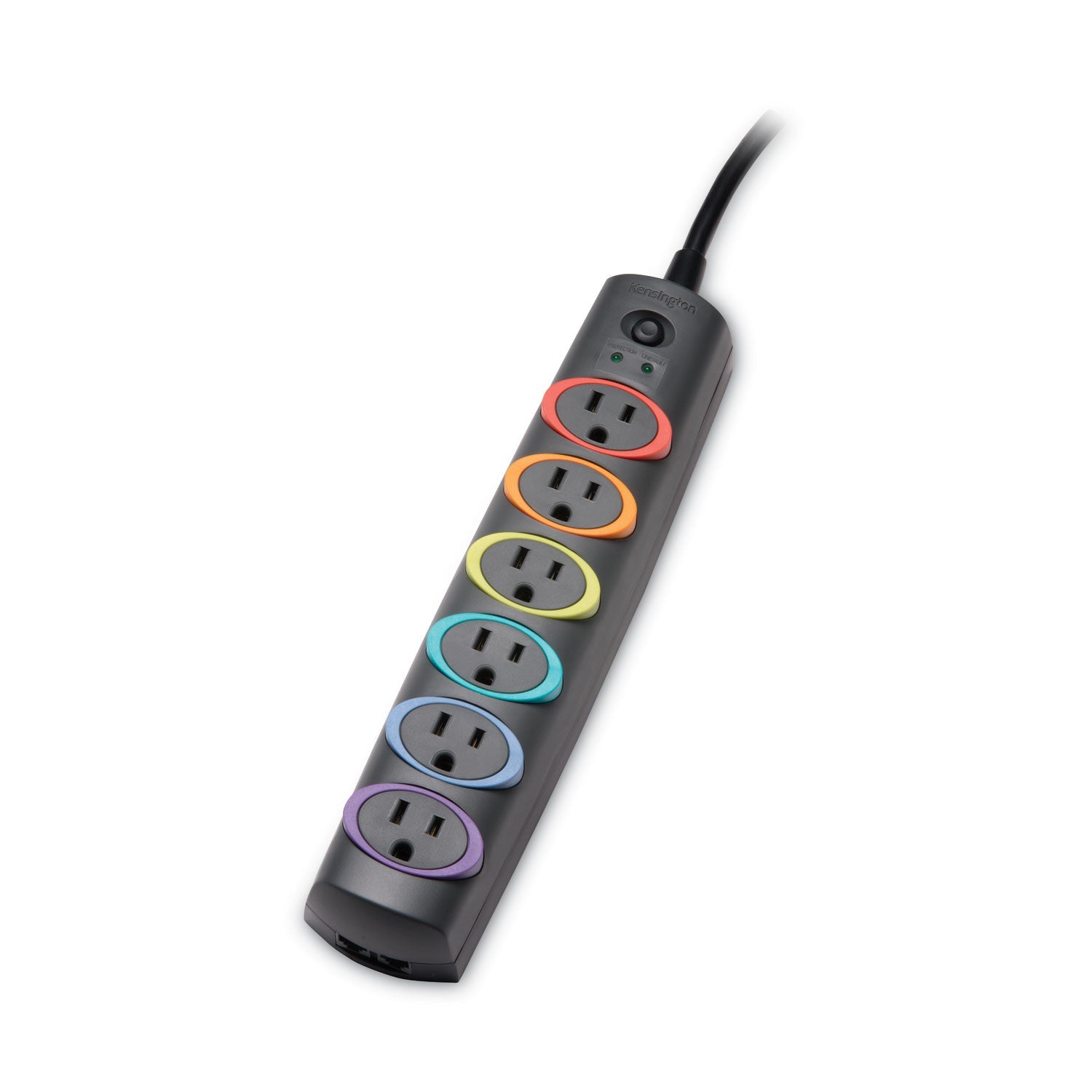 Kensington SmartSockets Color-Coded Strip Surge Protector, 6 AC Outlets, 8 ft Cord, 1,260 J, Black