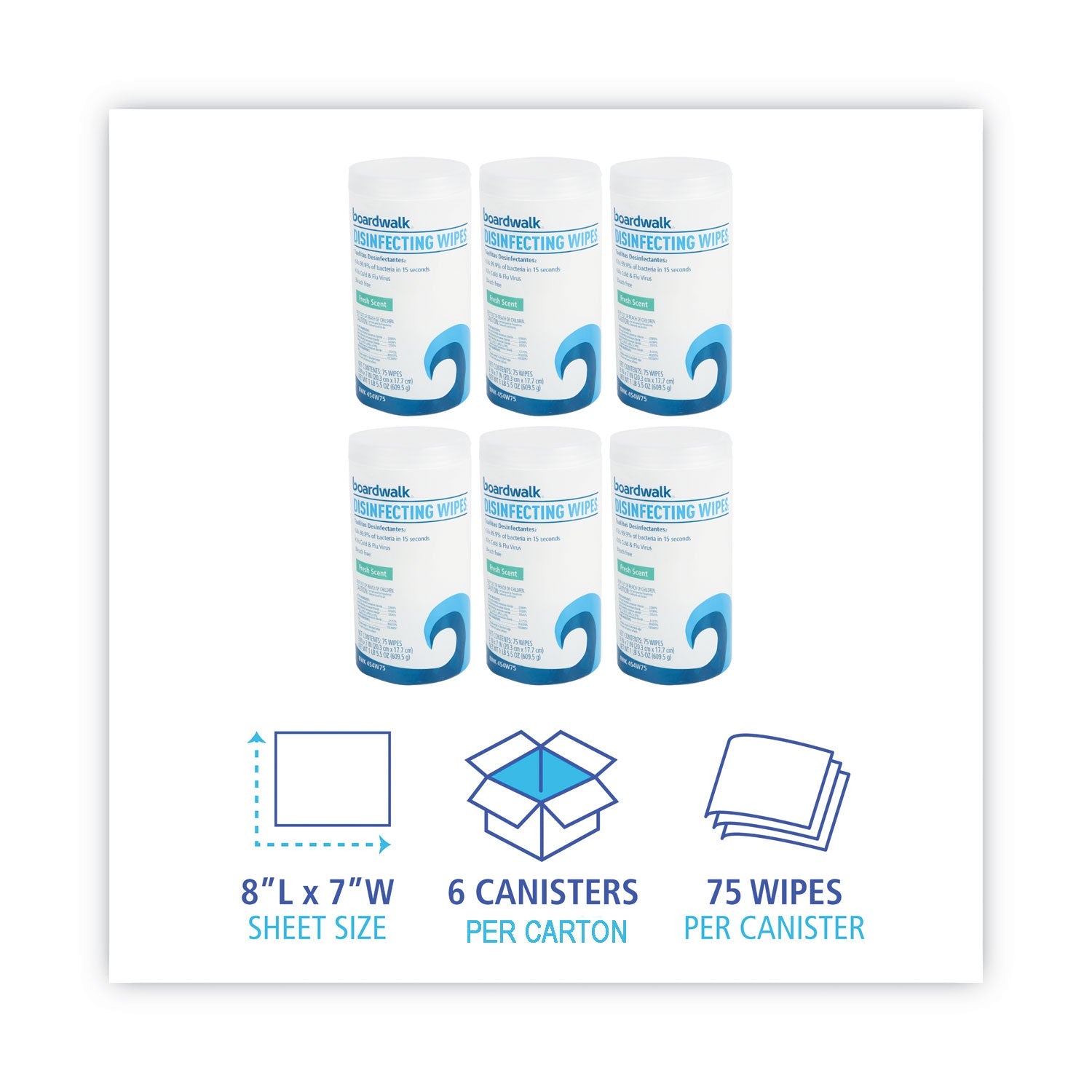 Boardwalk Disinfecting Wipes, 7 x 8, Fresh Scent, 75/Canister, 6 Canisters/Carton