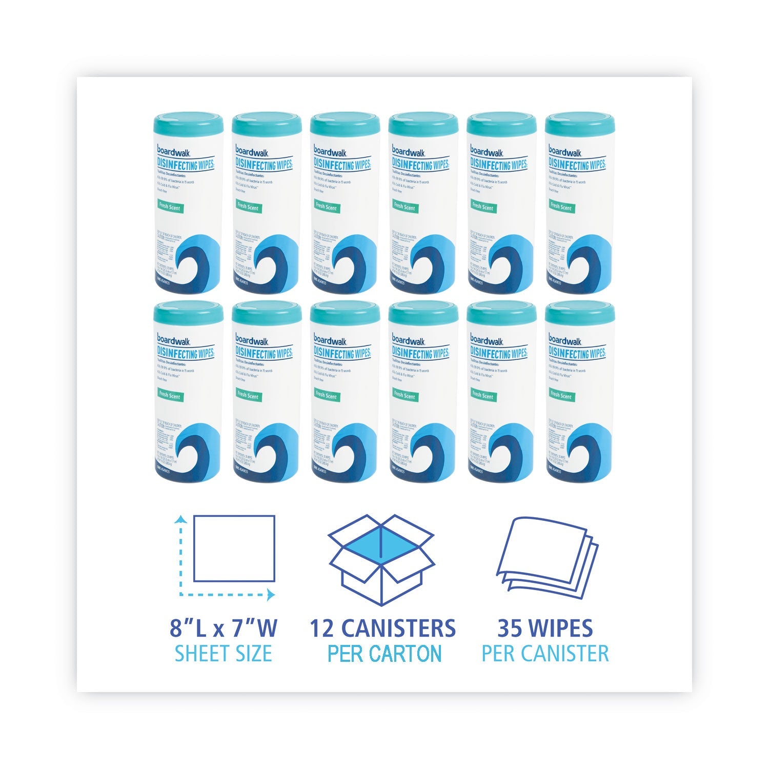 Boardwalk Disinfecting Wipes, 7 x 8, Fresh Scent, 35/Canister, 12 Canisters/Carton