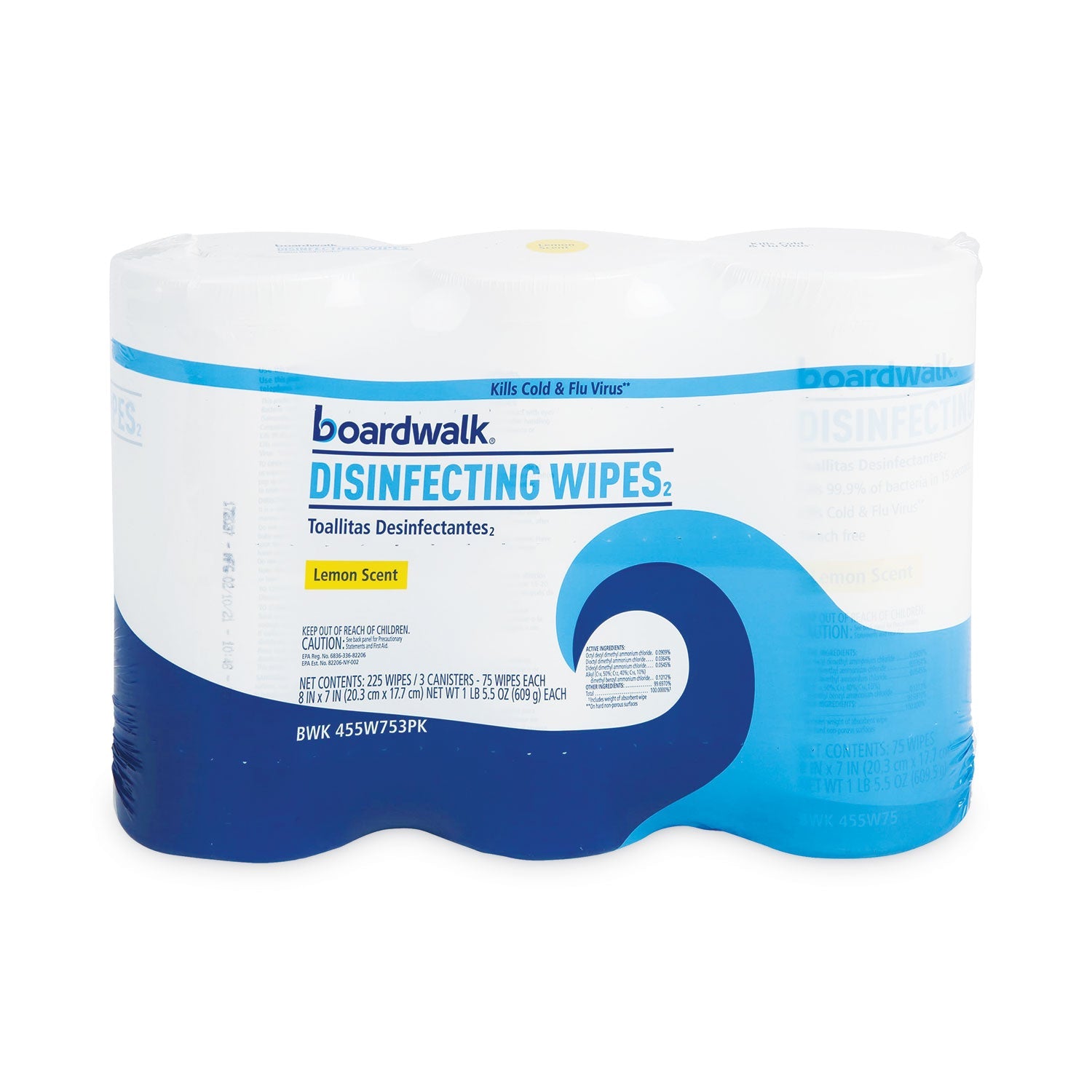 Boardwalk Disinfecting Wipes, 7 x 8, Lemon Scent, 75/Canister, 3 Canisters/Pack
