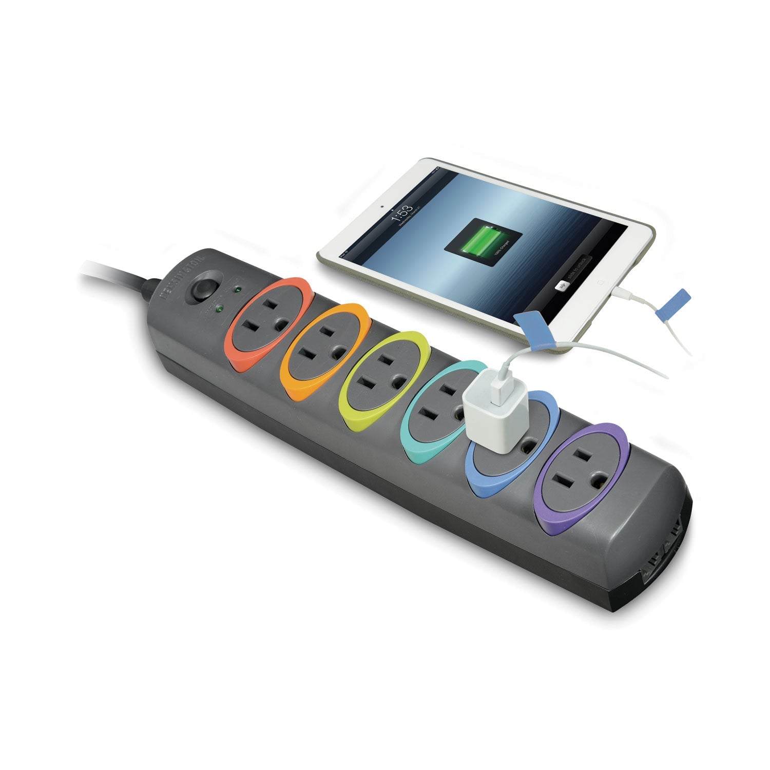 Kensington SmartSockets Color-Coded Strip Surge Protector, 6 AC Outlets, 8 ft Cord, 1,260 J, Black