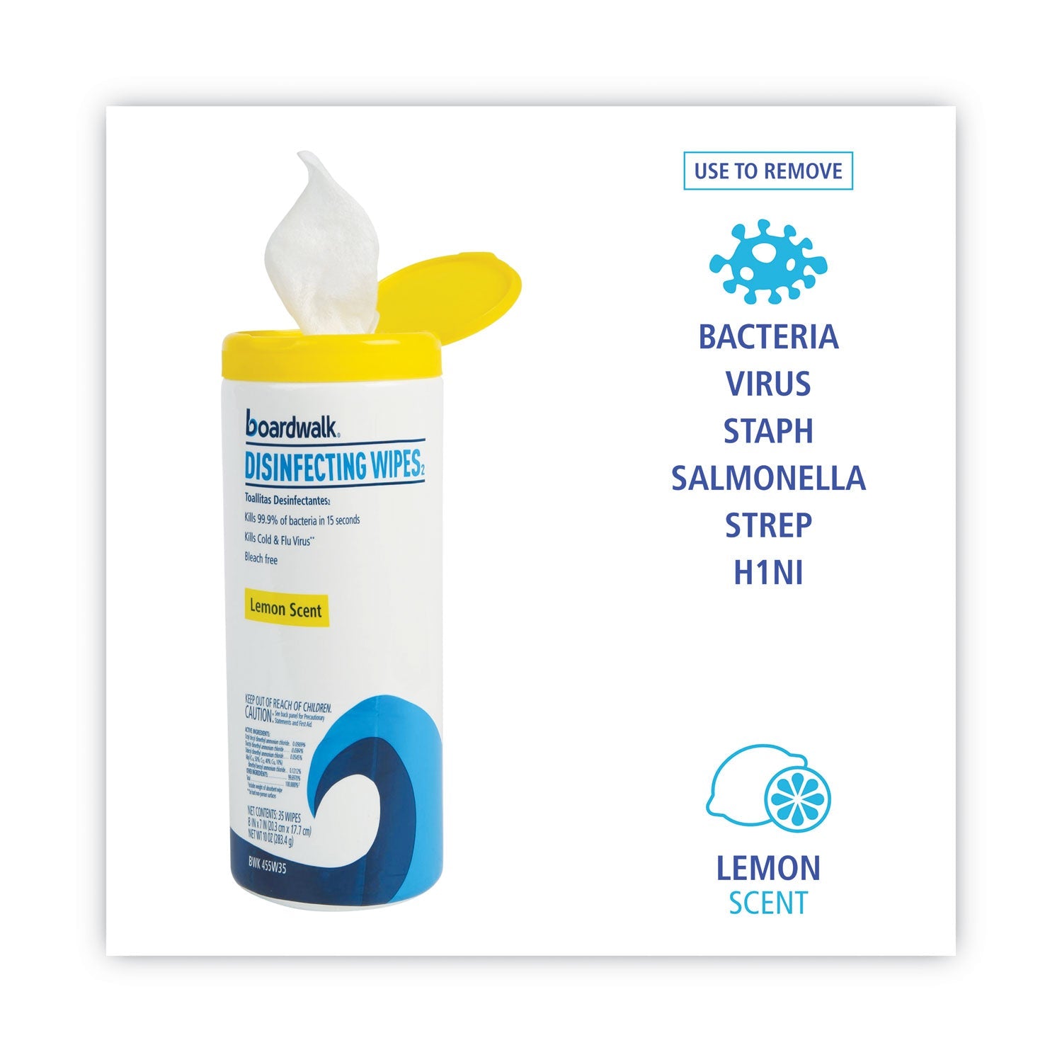 Boardwalk Disinfecting Wipes, 7 x 8, Lemon Scent, 35/Canister, 12 Canisters/Carton