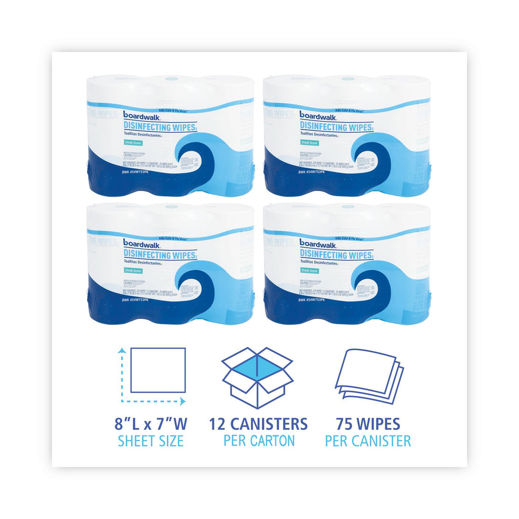 Boardwalk Disinfecting Wipes, 7 x 8, Fresh Scent, 75/Canister, 12 Canisters/Carton
