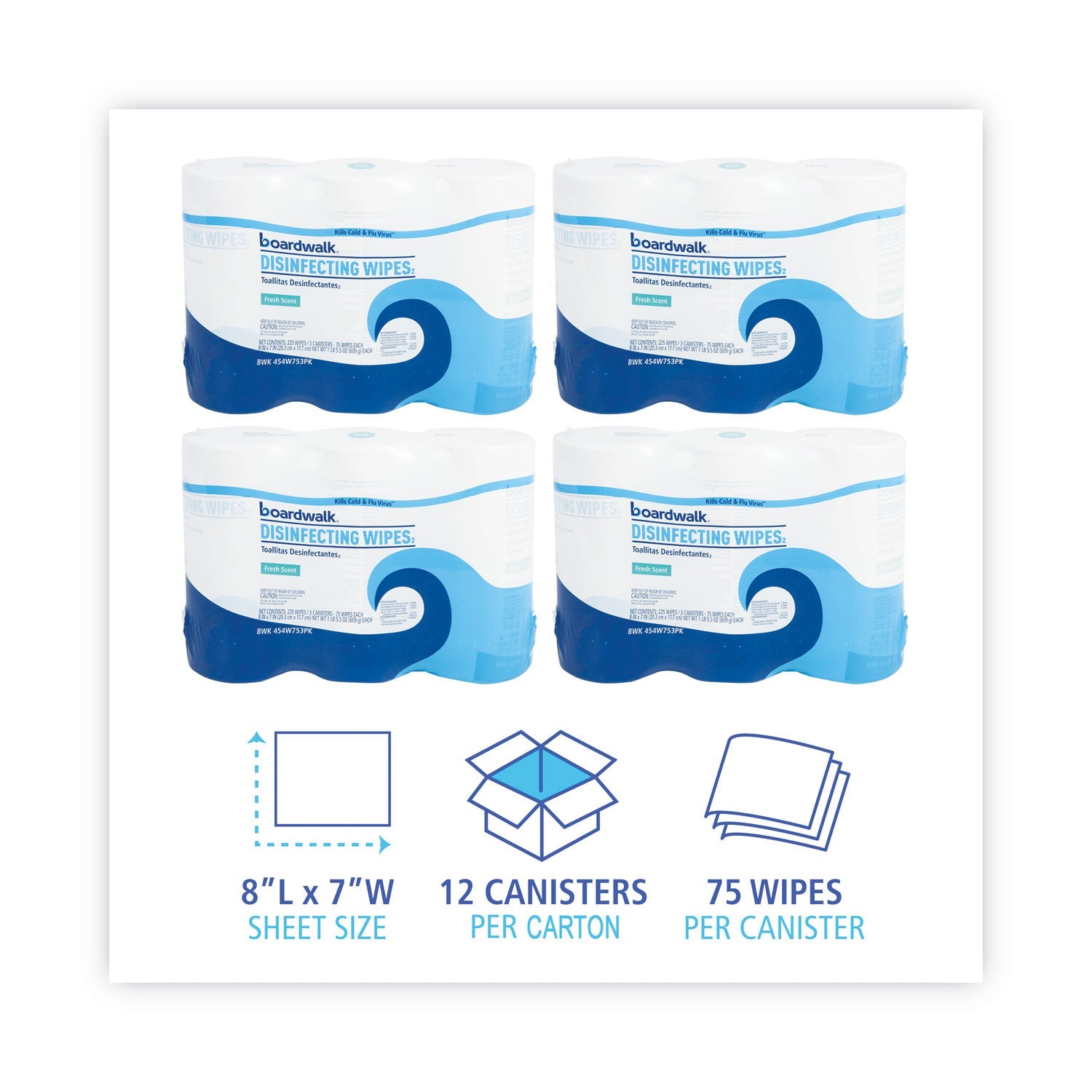 Boardwalk Disinfecting Wipes, 7 x 8, Fresh Scent, 75/Canister, 12 Canisters/Carton