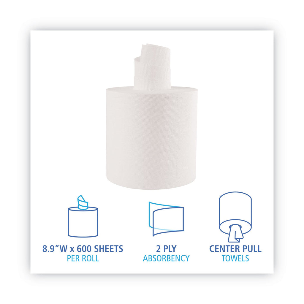 Boardwalk Center-Pull Roll Towels, 2-Ply, 7.6 x 8.9, White, 600/Roll, 6/Carton