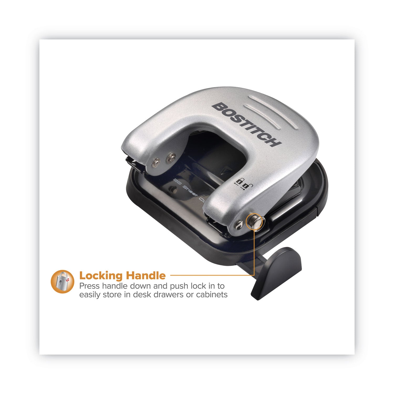 Bostitch 20-Sheet EZ Squeeze Two-Hole Punch, 9/32" Holes, Black/Silver