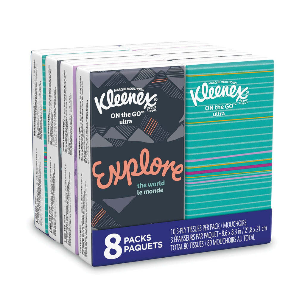 Kleenex On The Go Packs Facial Tissues, 3-Ply, White, 10 Sheets/Pouch, 8 Pouches/Pack