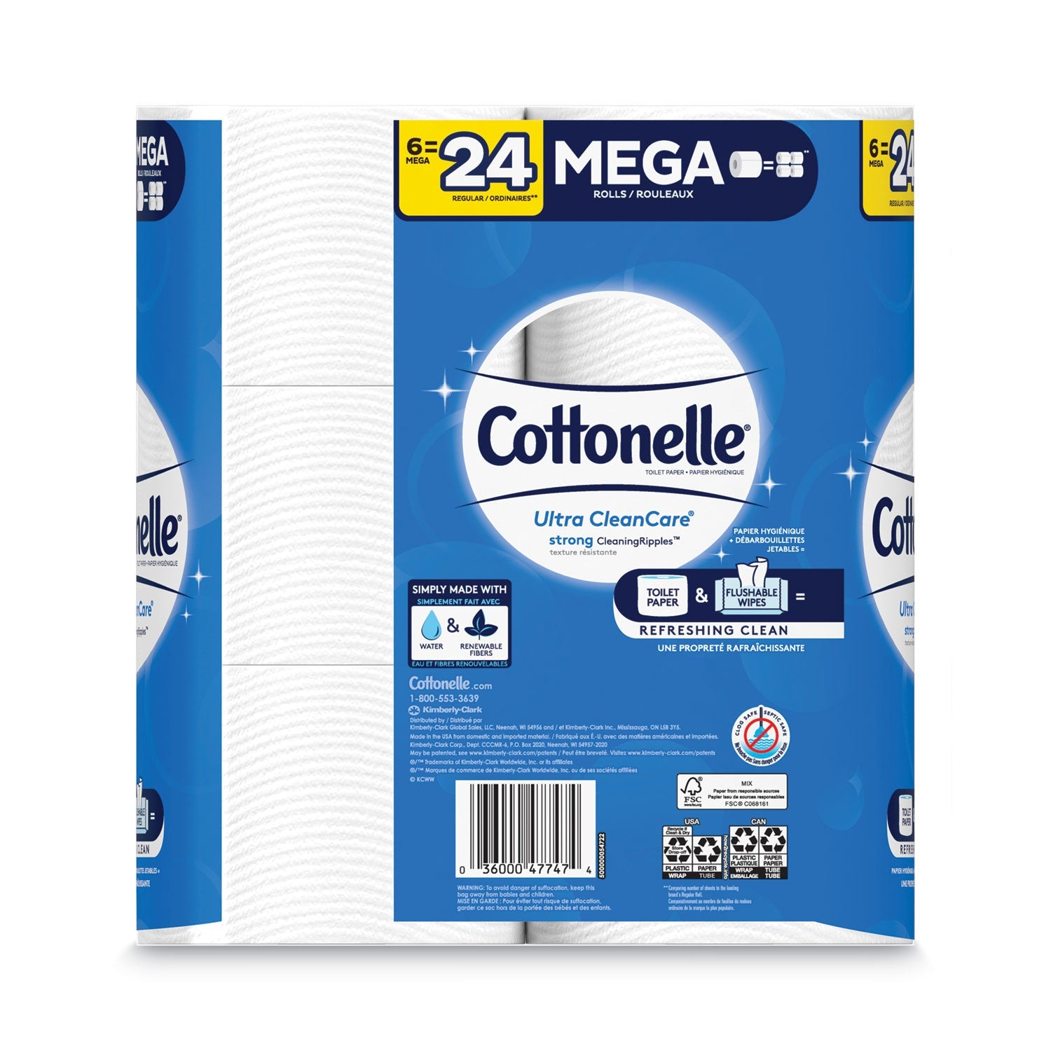 Cottonelle Ultra CleanCare Toilet Paper, Strong Tissue, Mega Rolls, Septic Safe, 1-Ply, White, 340 Sheets/Roll, 6 Rolls/Pk, 6 Pks/Carton