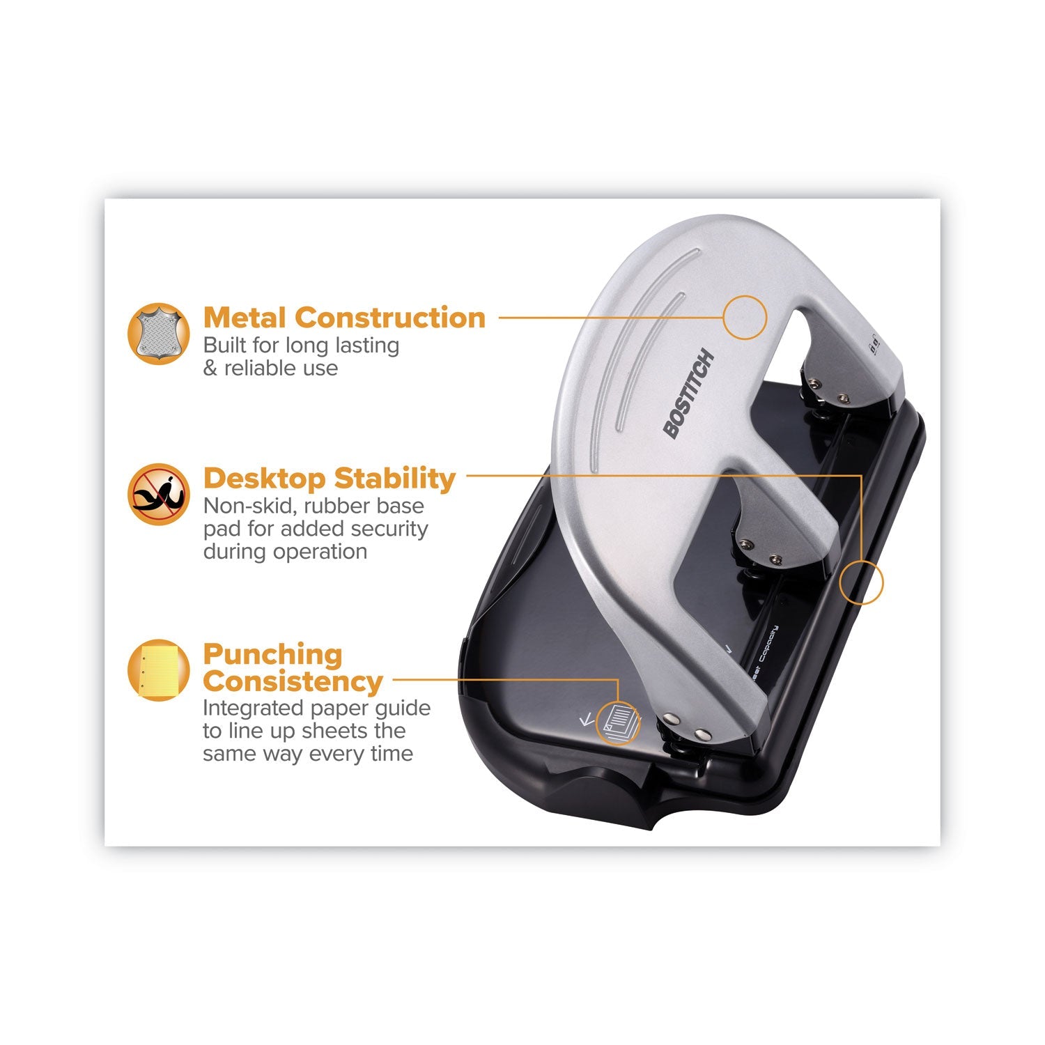 Bostitch 40-Sheet EZ Squeeze Three-Hole Punch, 9/32" Holes, Black/Silver