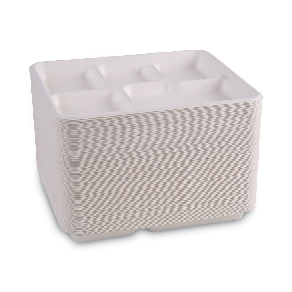 Boardwalk Bagasse Dinnerware, 5-Compartment Tray, 10 x 8, White, 500/Carton