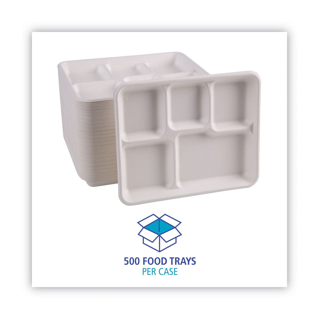 Boardwalk Bagasse Dinnerware, 5-Compartment Tray, 10 x 8, White, 500/Carton