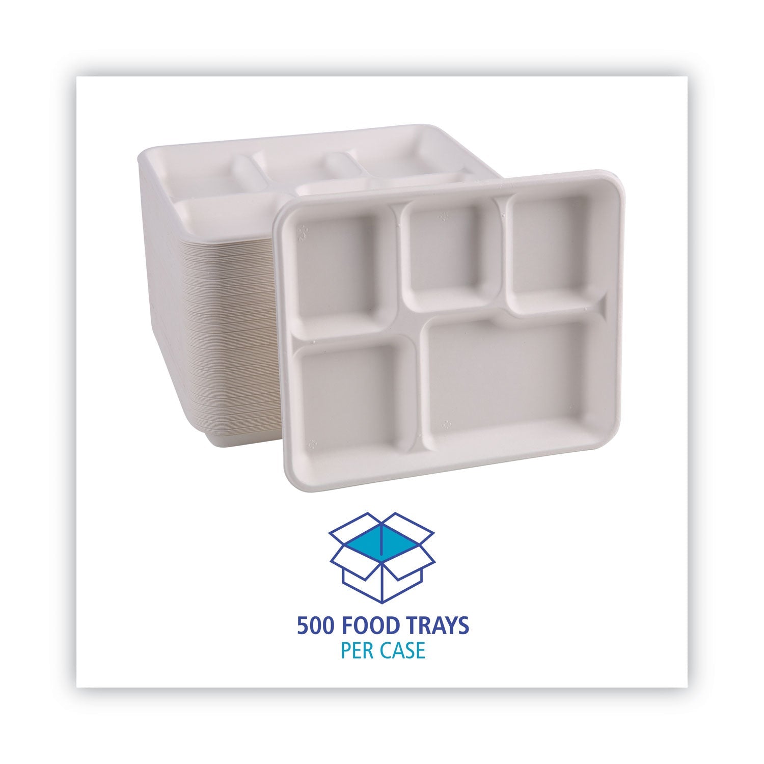 Boardwalk Bagasse Dinnerware, 5-Compartment Tray, 10 x 8, White, 500/Carton