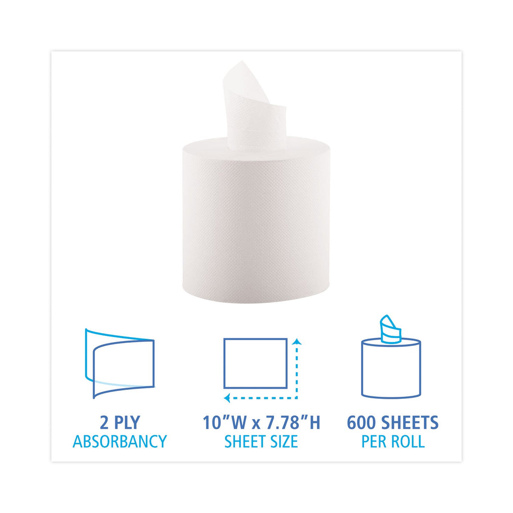 Boardwalk Center-Pull Hand Towels, 2-Ply, Perforated, 7.87 x 10, White, 600/Roll, 6 Rolls/Carton