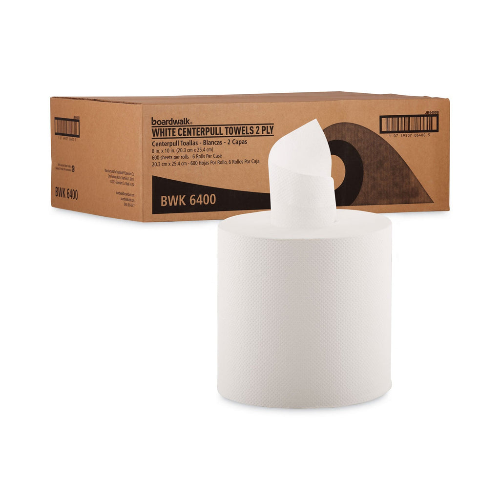 Boardwalk Center-Pull Hand Towels, 2-Ply, Perforated, 7.87 x 10, White, 600/Roll, 6 Rolls/Carton