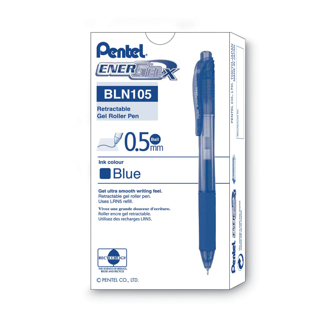 Pentel EnerGel-X Gel Pen, Retractable, Fine 0.5 mm Needle Tip, Blue Ink, Blue Barrel, Dozen
