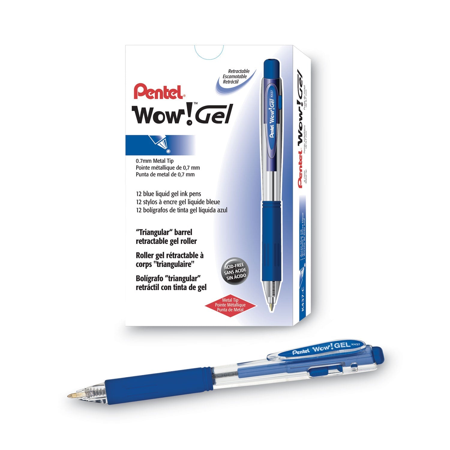 Pentel WOW! Gel Pen, Retractable, Medium 0.7 mm, Blue Ink, Clear/Blue Barrel, Dozen