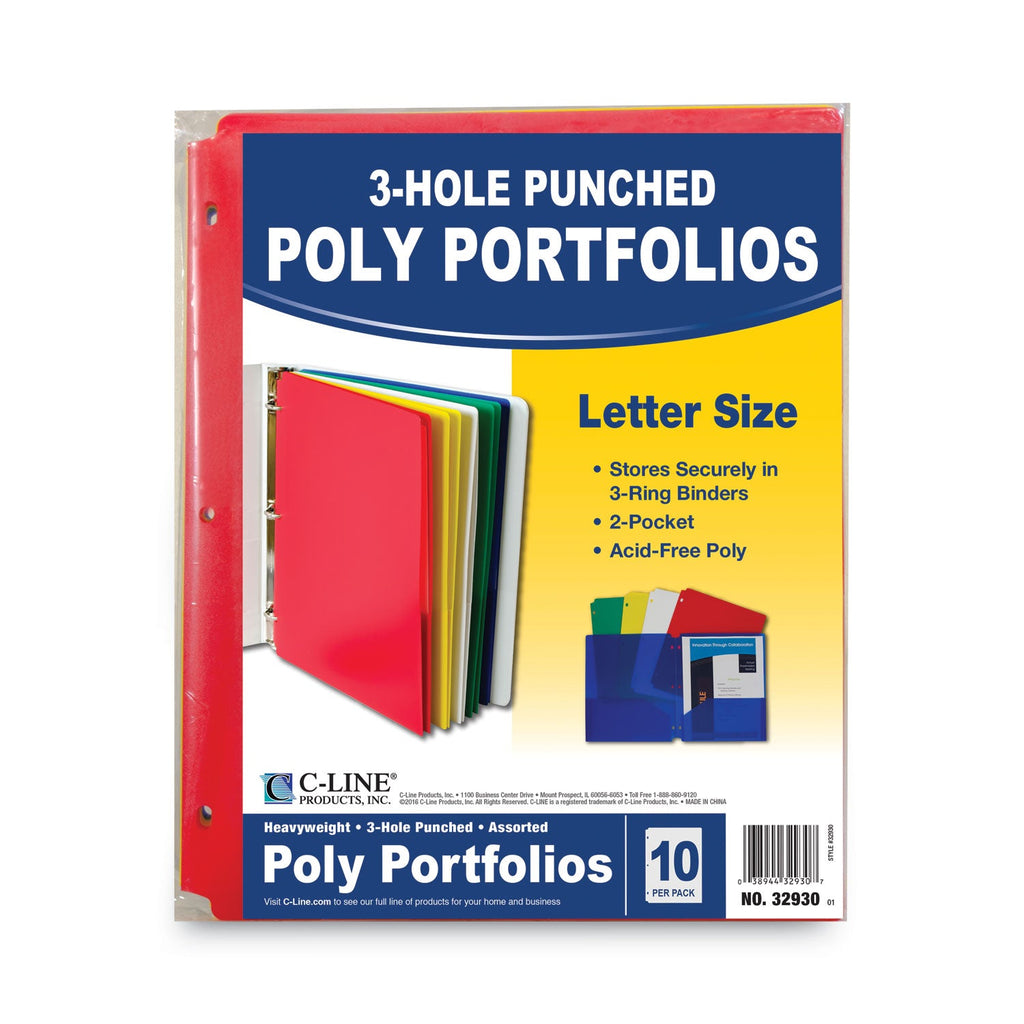 C-Line Two-Pocket Heavyweight Poly Portfolio Folder, 3-Hole Punch, 11 x 8.5, Assorted, 10/Pack