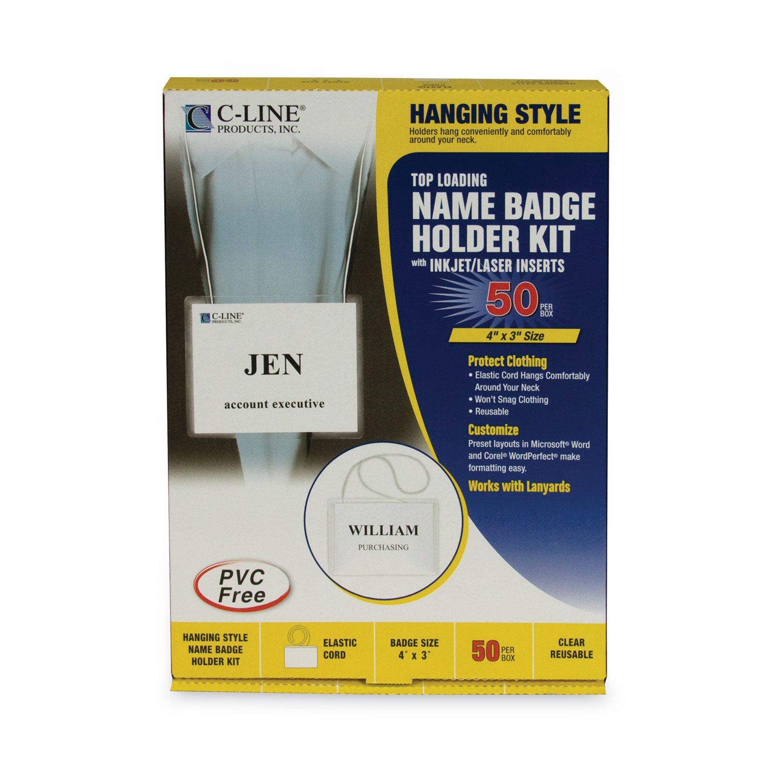 C-Line Name Badge Kits, Top Load, 4 x 3, Clear, Elastic Cord, 50/Box