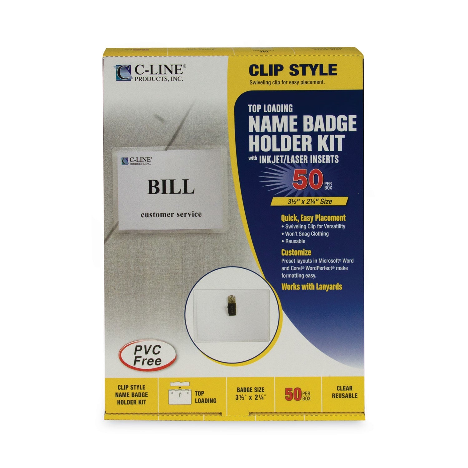 C-Line Name Badge Kits, Top Load, 3 1/2 x 2 1/4, Clear, 50/Box